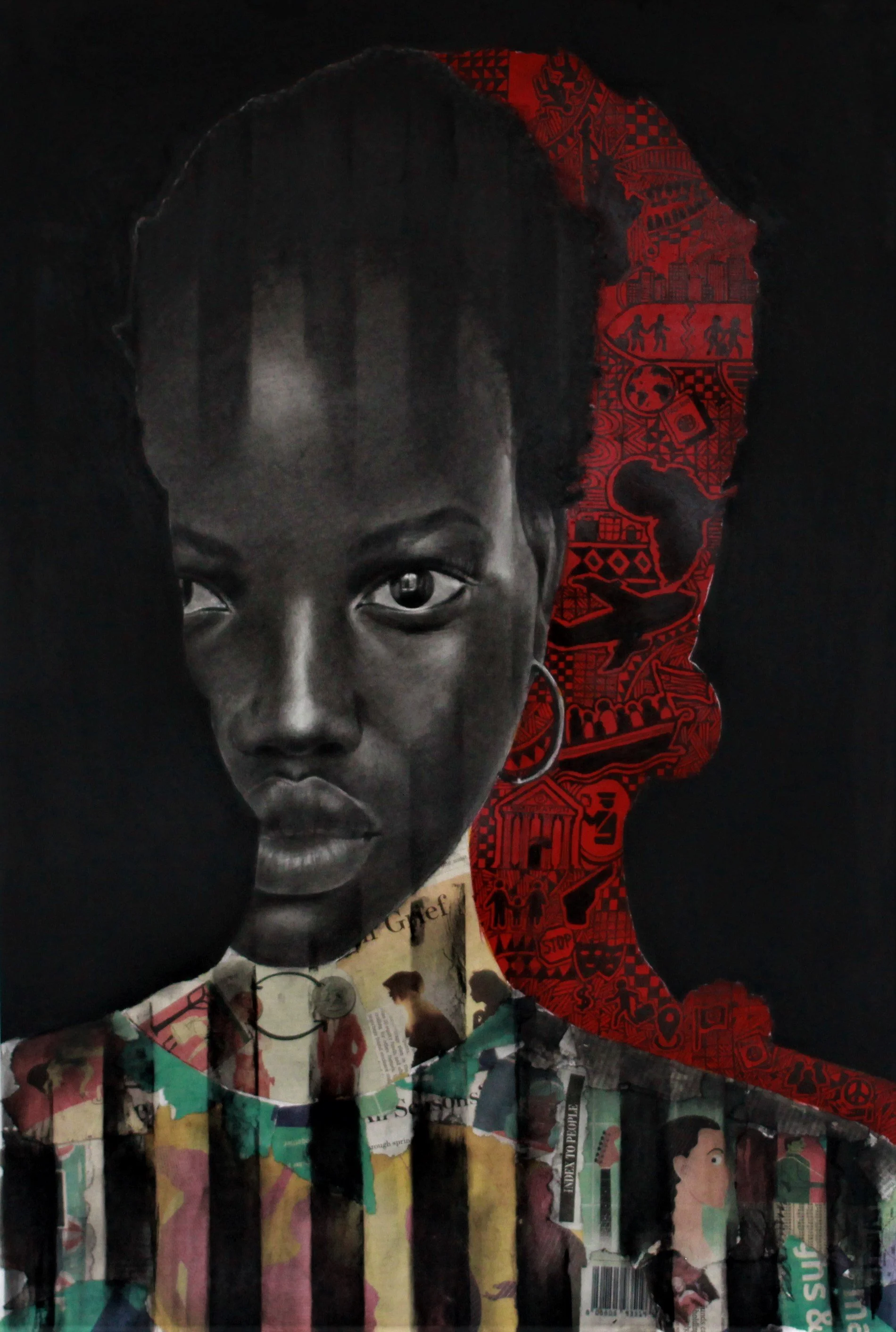    The Outsider  , 36” x 26”, charcoal, acrylic and collage on paper 