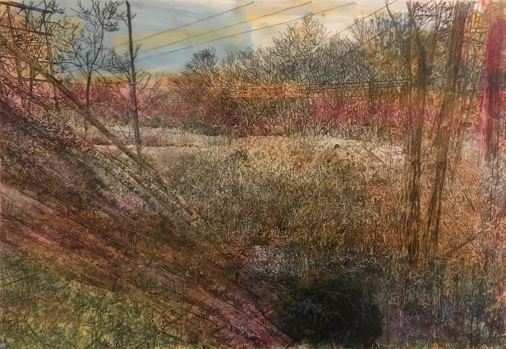    Power Lines  , 13” x 19”, pencil on drafting film over acrylic and gouache on paper 