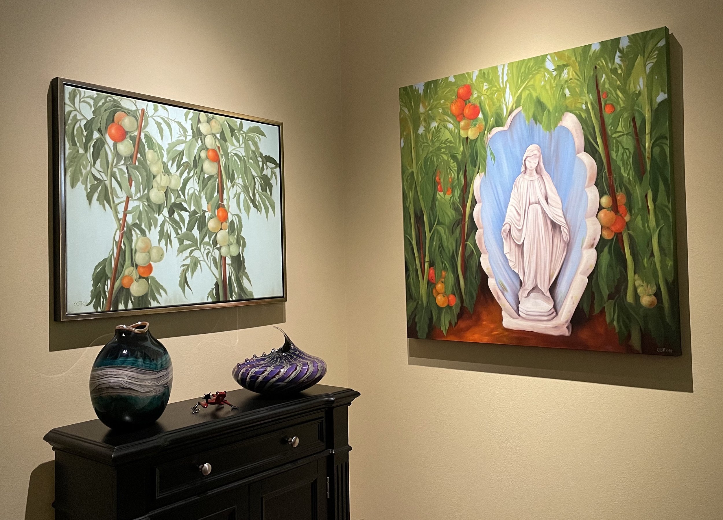     Heirloom  , 24” x 30”, oil on canvas;   Our Lady of the Creole Tomatoes  , 36” x 36”, oil on canvas – Sheila Cotton 