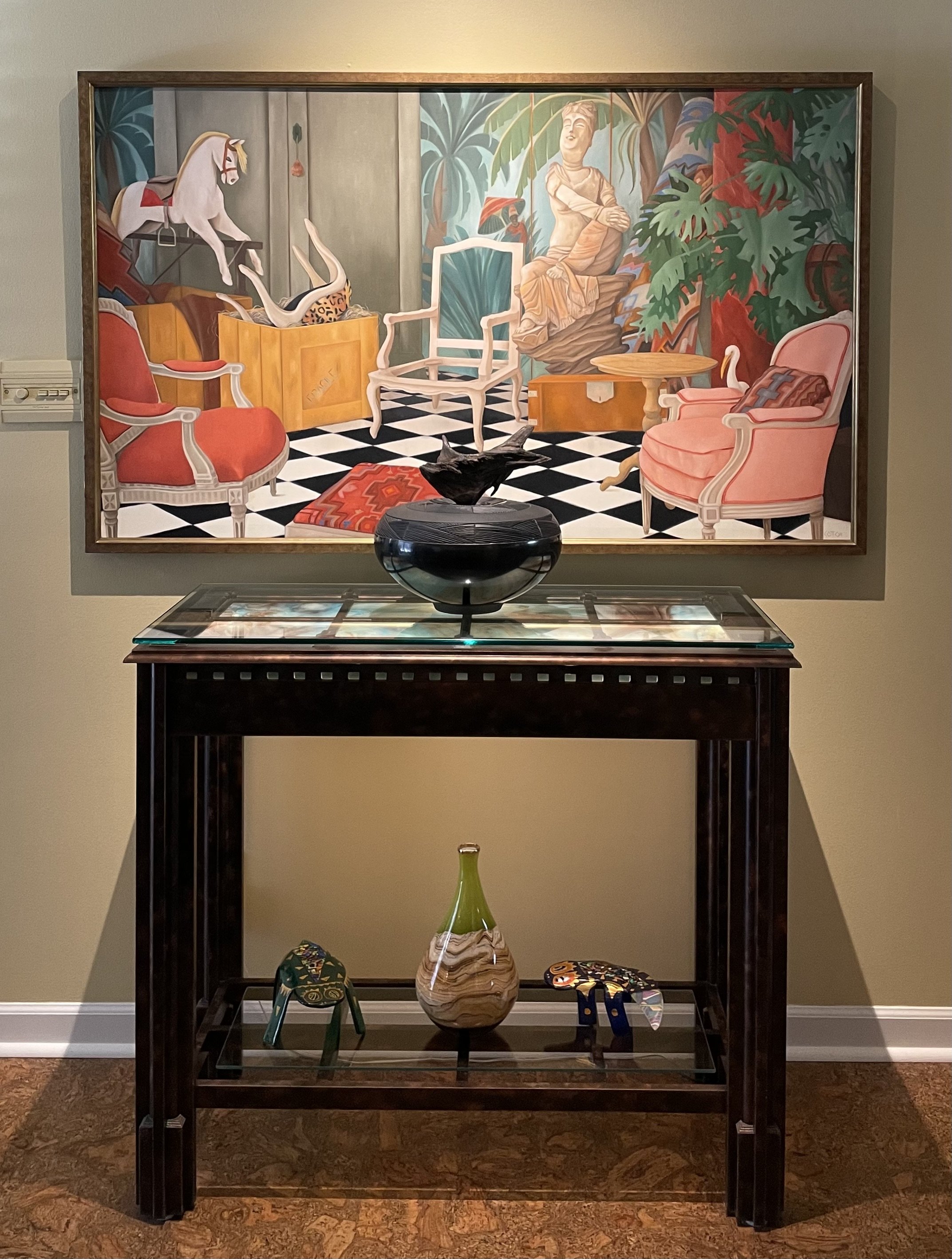    Antique Shop  , 36” x 60”, oil on canvas, Sheila Cotton;   Black on Black Pot   with driftwood top (on table),  Winston Taylor  