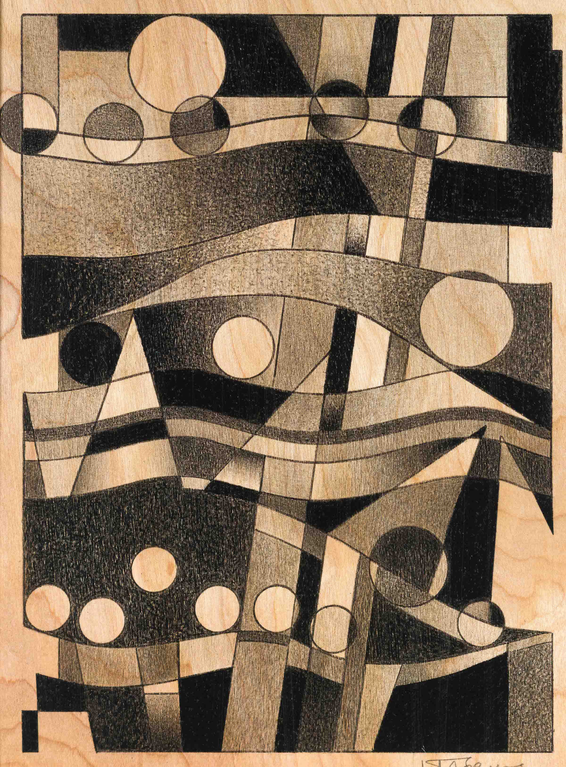   Complex Rhythm  , lithographic crayon on birch plywood, 11” x 8½” 