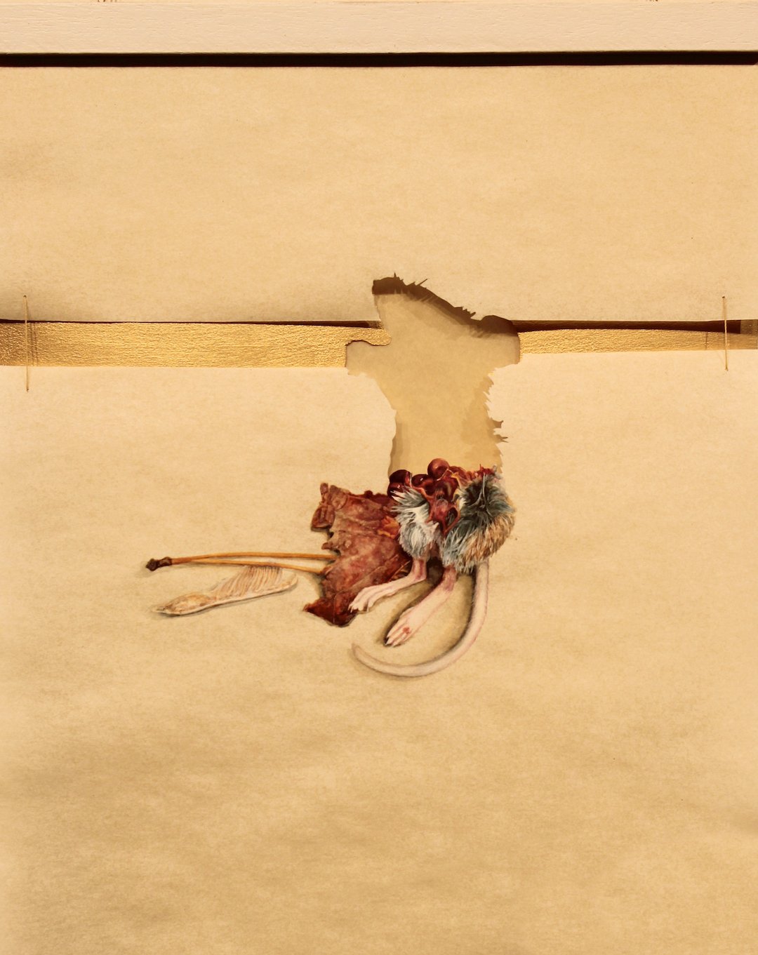    Field Mouse  , 11” x 14”, watercolor on pergamenata, tissue, acrylic waxed thread 