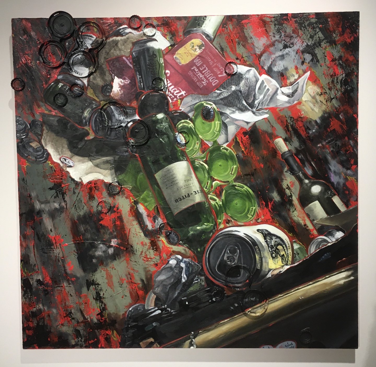 Precarious , 30” x 30”, oil on panel with found objects