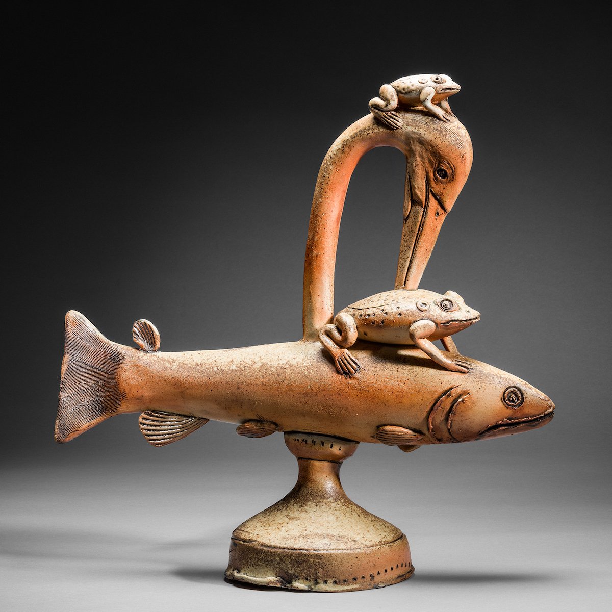    Fish Frog Heron Frog  , 17"H x 17”L x 6"D, wood fired stoneware 