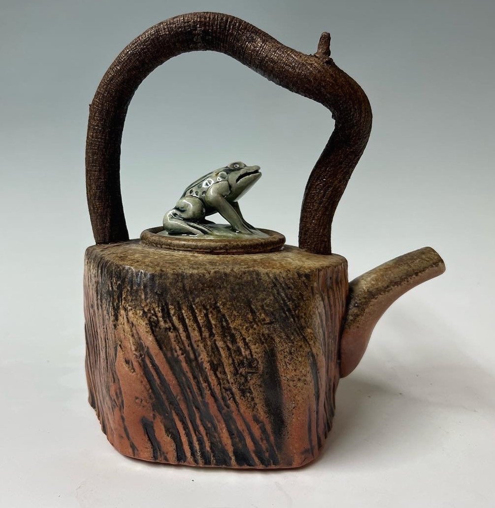    Teapot with Frog Lid and Wisteria Handle  , 10"H x 8"W x 5"D, wood fired stoneware 