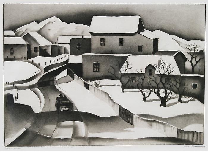  Gene Kloss,   Taos in Winter   ,  1934, drypoint and aquatint, 10” x 14” 