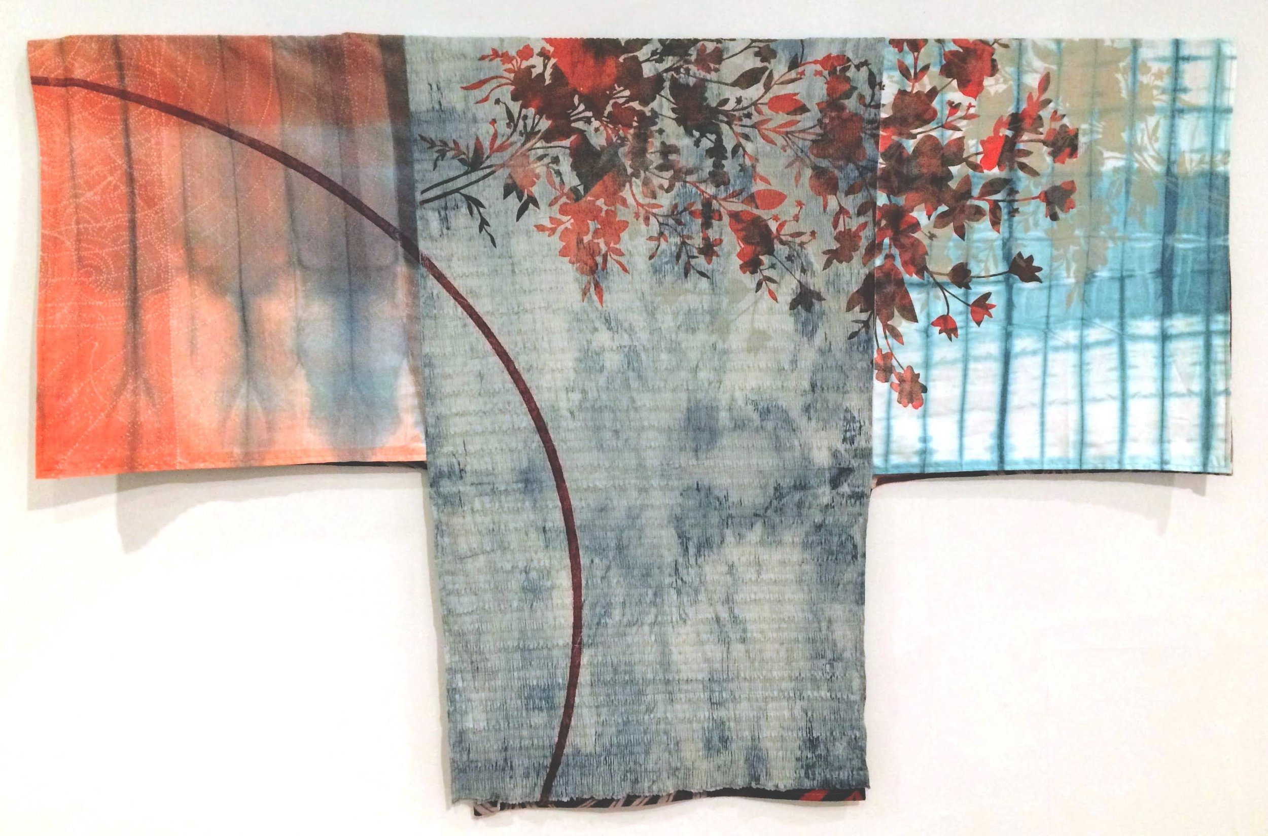    Secret Sacred  , relief, stencil, shibori dye on fabrics, 34” x 55” 