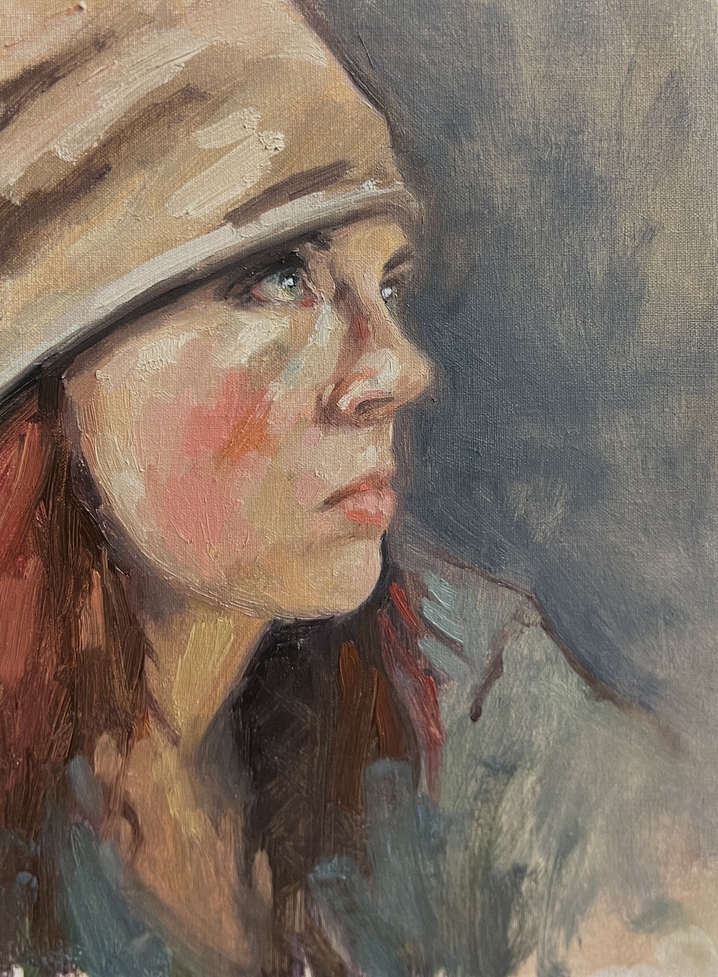    Self Portrait in Hat  , 12” x 9”, oil on panel 