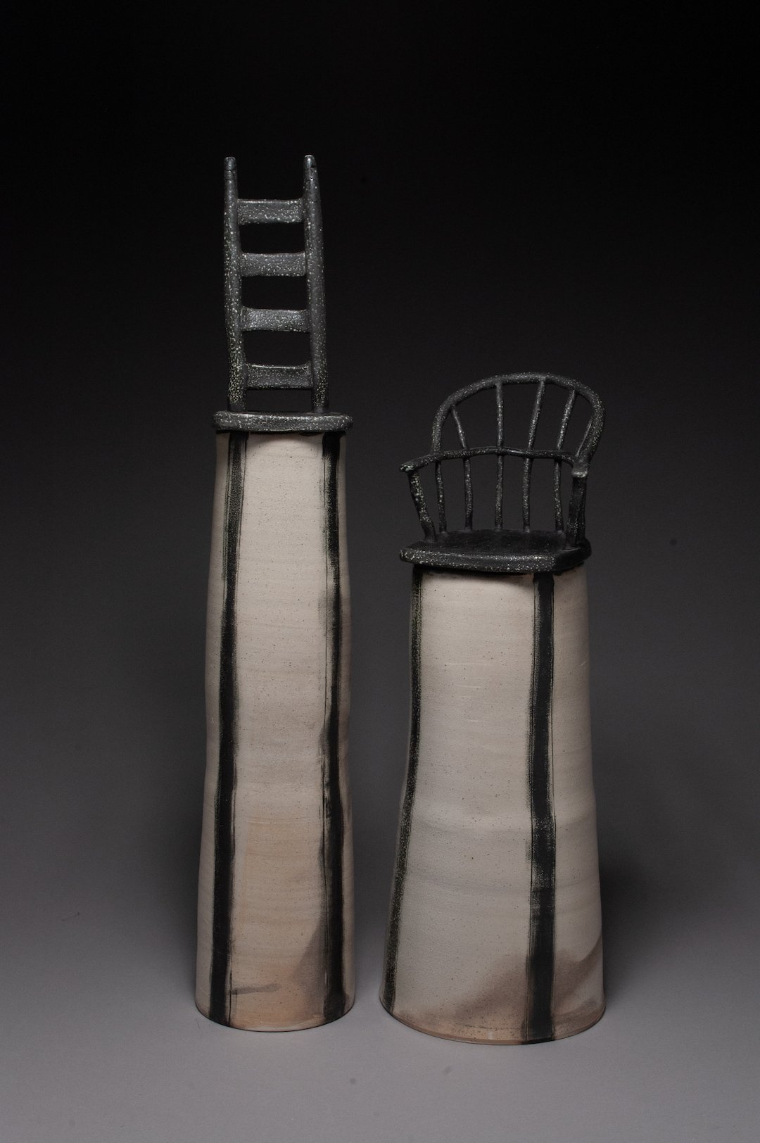    Chairs  , 20”h x 10”w x 5.25”d, porcelain, soda fired 