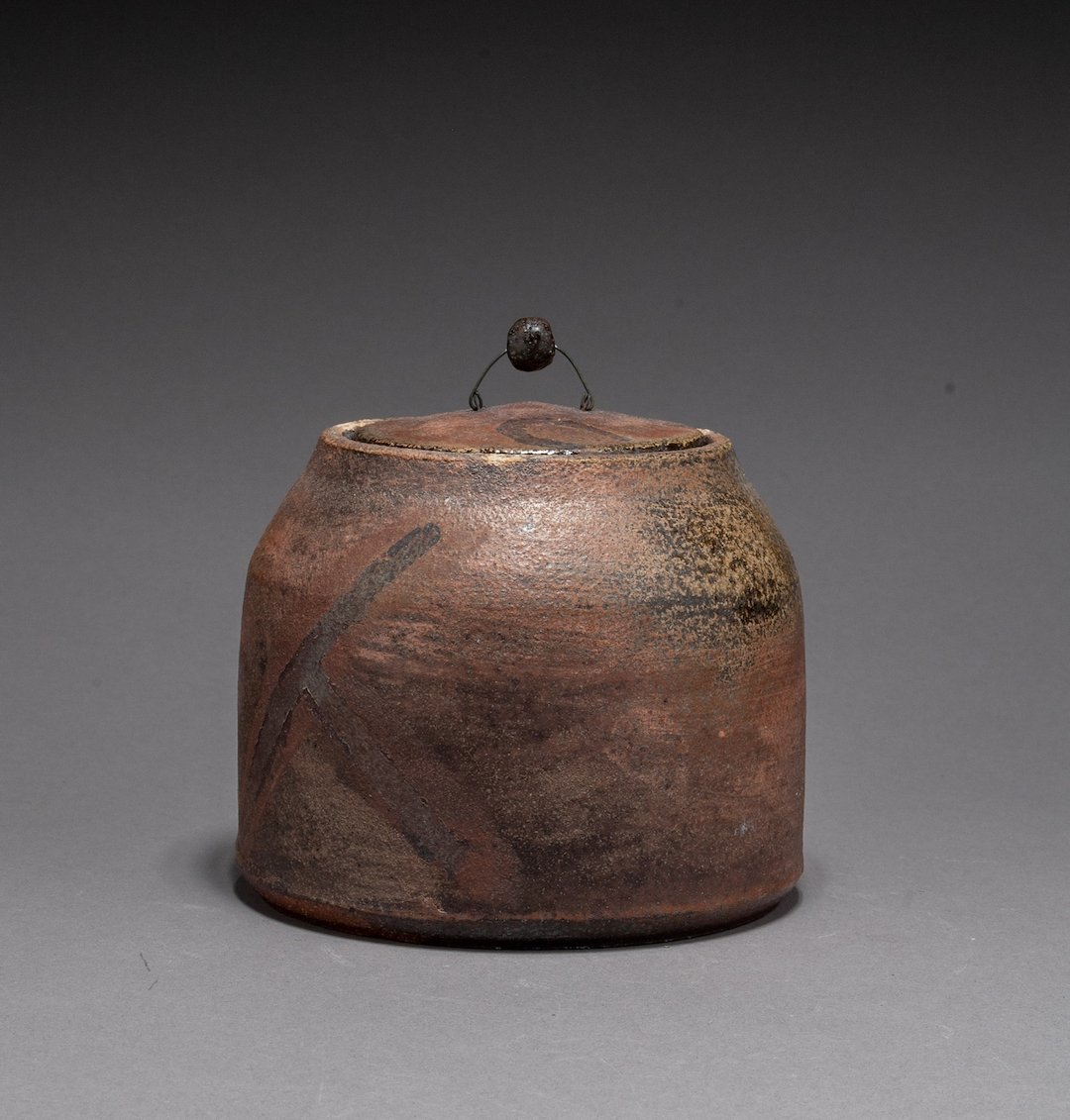    Fragments Tea Jar  , 4.5”h x 5”w x 5”d, ceramic and wire, soda fired 