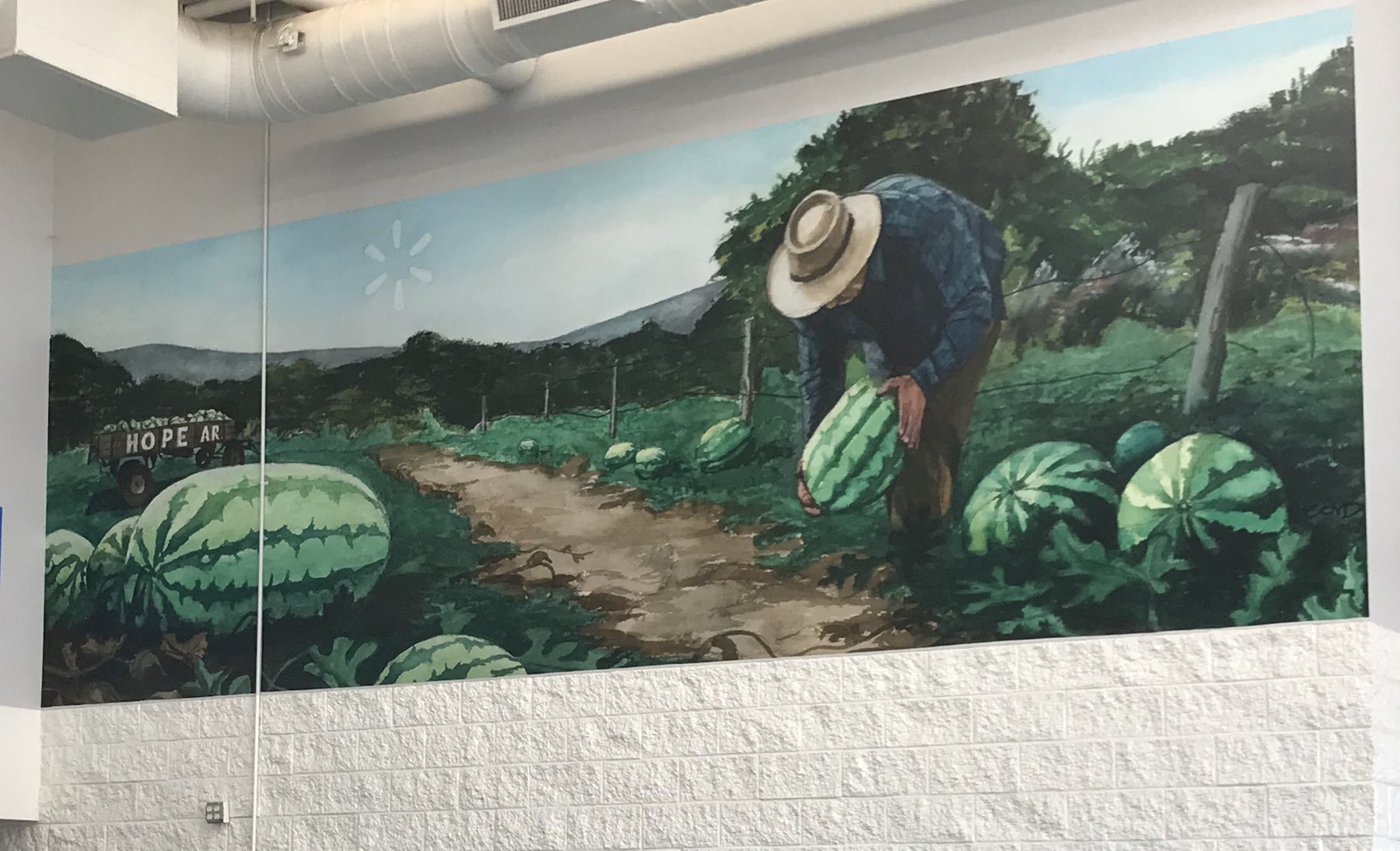    Watermelon Harvest  , 184 sq. ft., vinyl mural printed from original watercolor, 2400. N. Hervey St., Hope, AR 