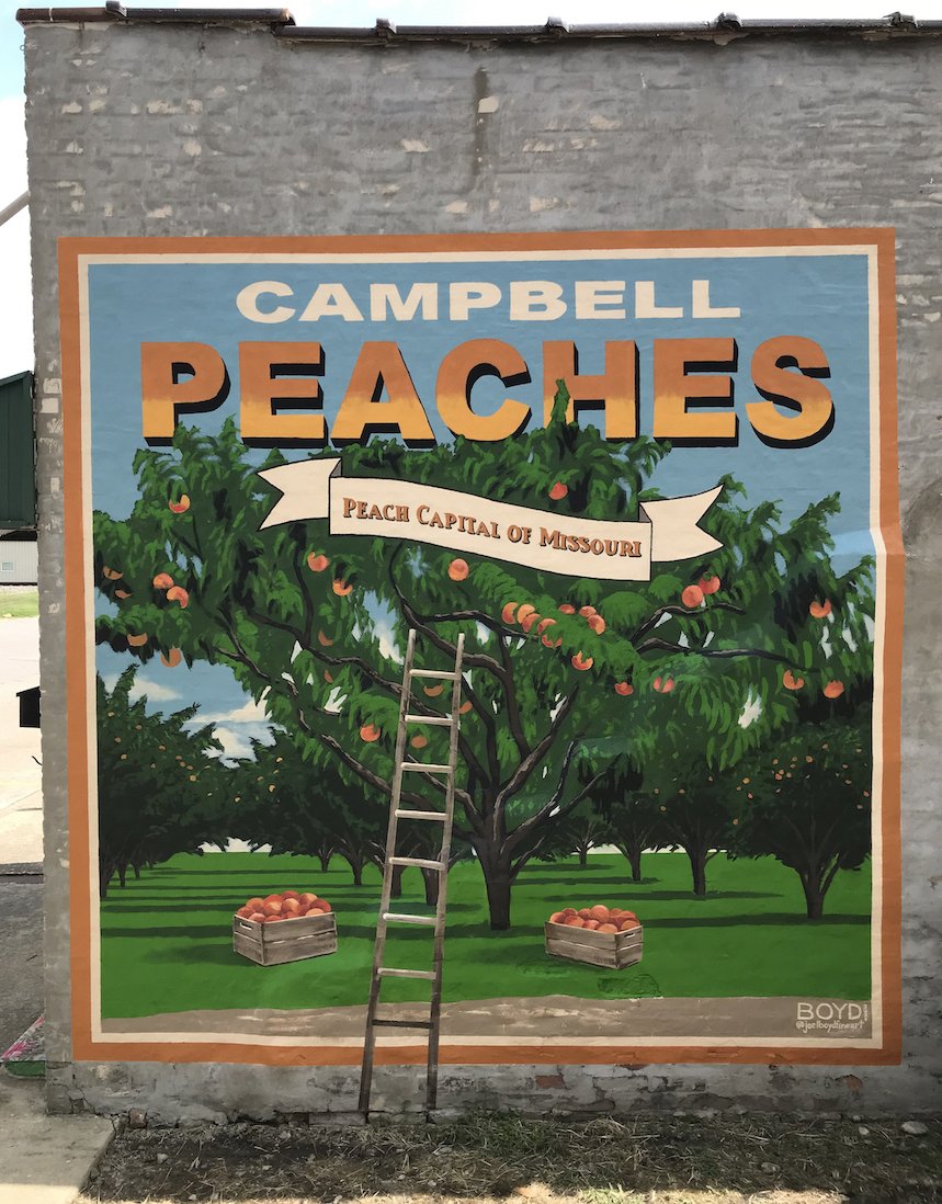    Campbell Peaches Selfie Spot  , 10’ x 10’, acrylic and varnish, S. Locust St., Campbell, MO 