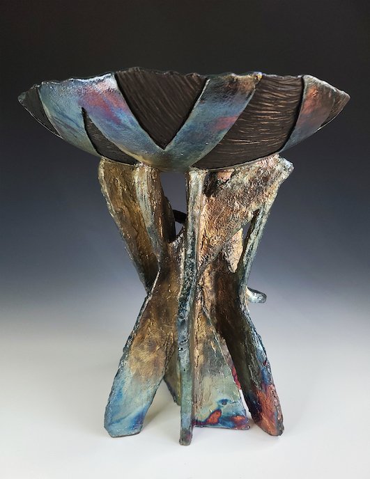    Pedestal Bowl Raku 2  , 13”'w x 15”t, earthenware 