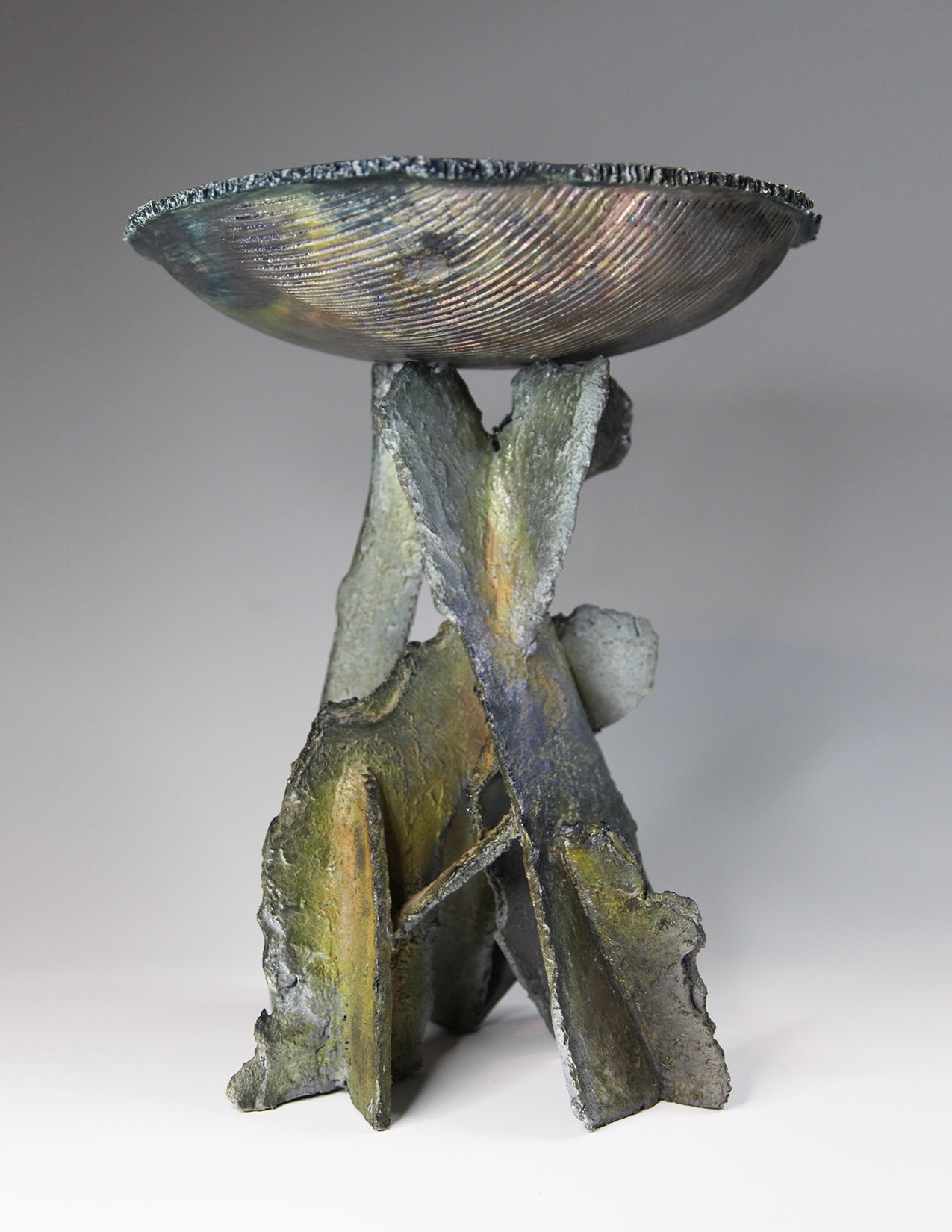  Pedestal Bowl Raku 1, 12”w x 15”t, earthenware 