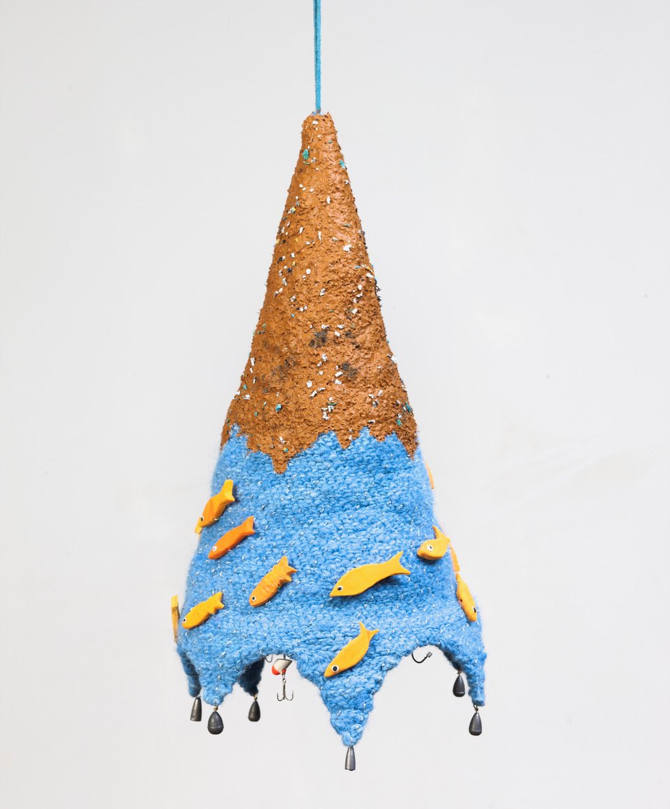    Hair Hat Animas River Spill  , 10”d x 20”h, crochet wool, acrylic, polymer clay, fish hooks 