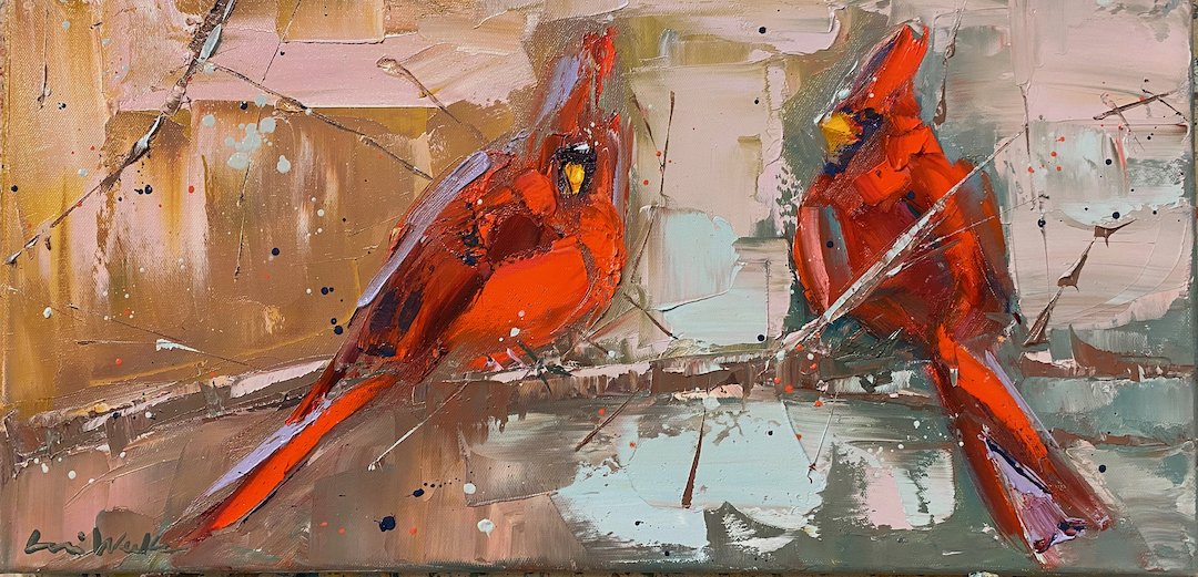    Cardinals  , 12” x 24”,, oil on canvas 