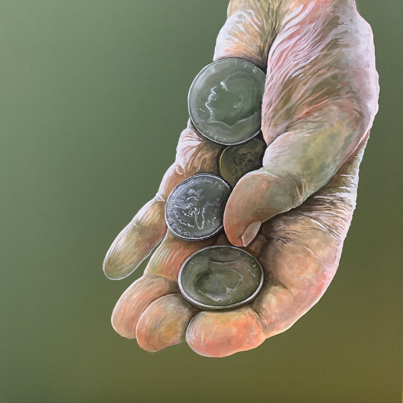    Coin  , 28” x 28”, watercolor on panel 