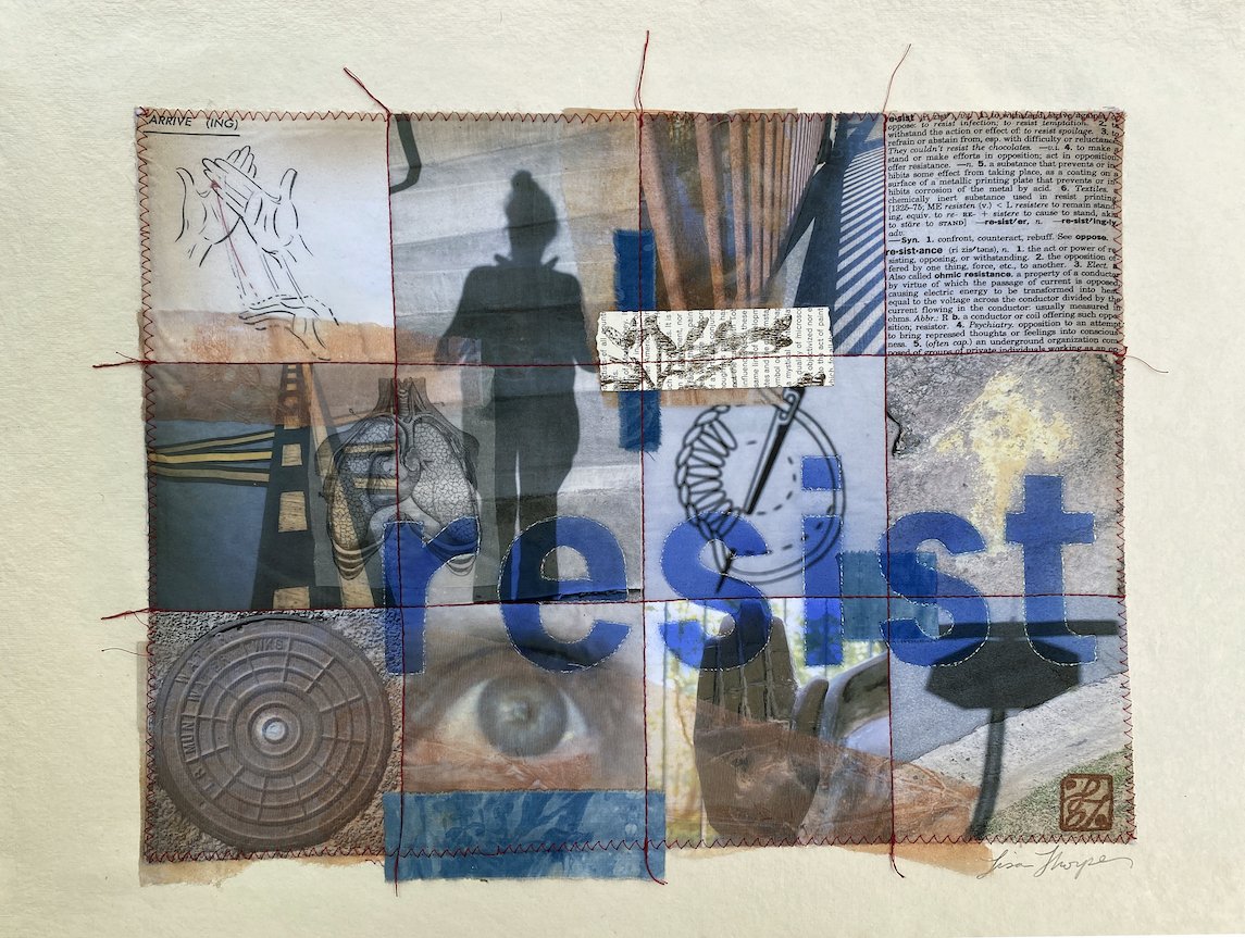    Resist  , 18” x 24”, mixed media on fabric 