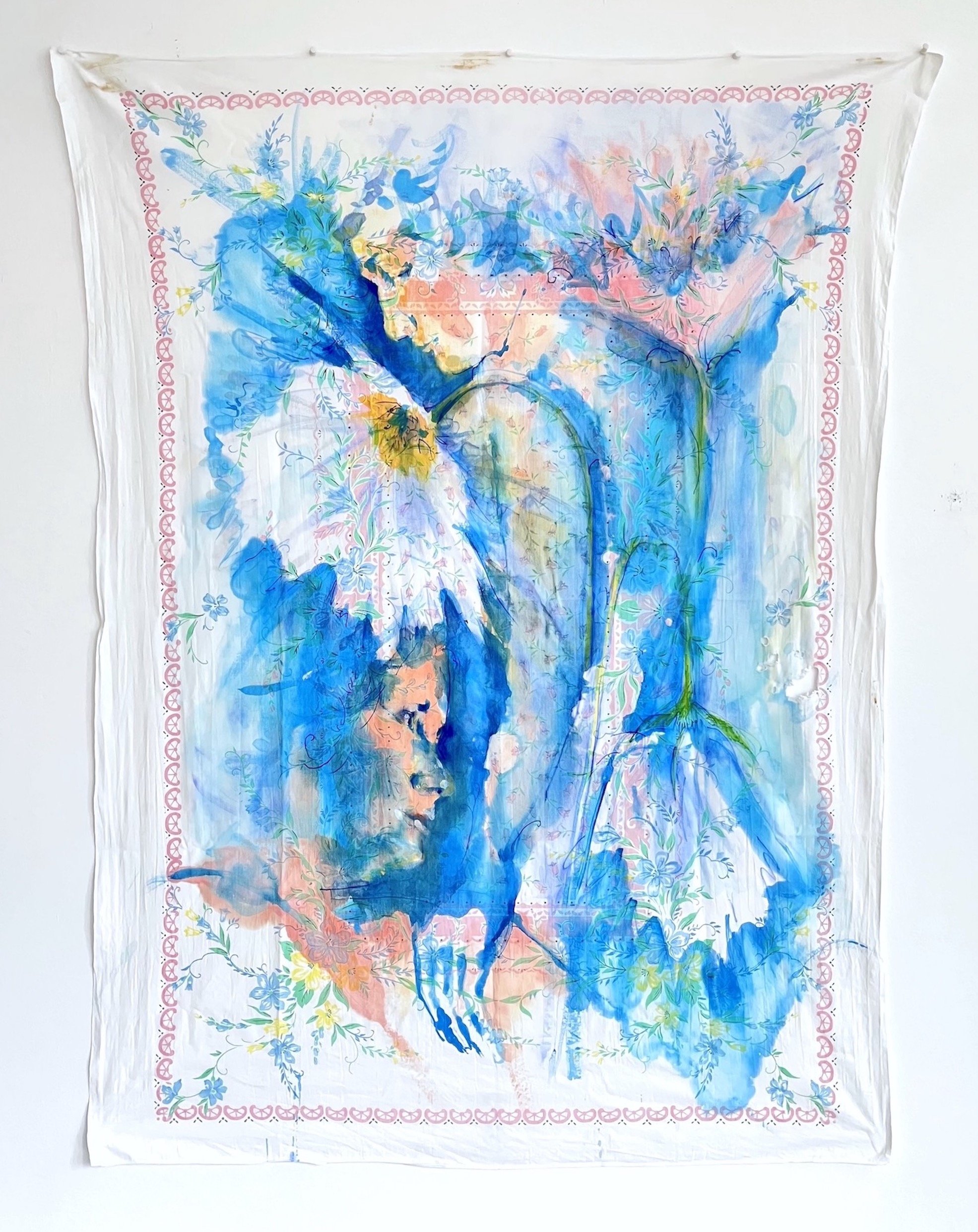    In the Blue Cosmos  , 65” x 51”, watercolor ink on found tablecloth 
