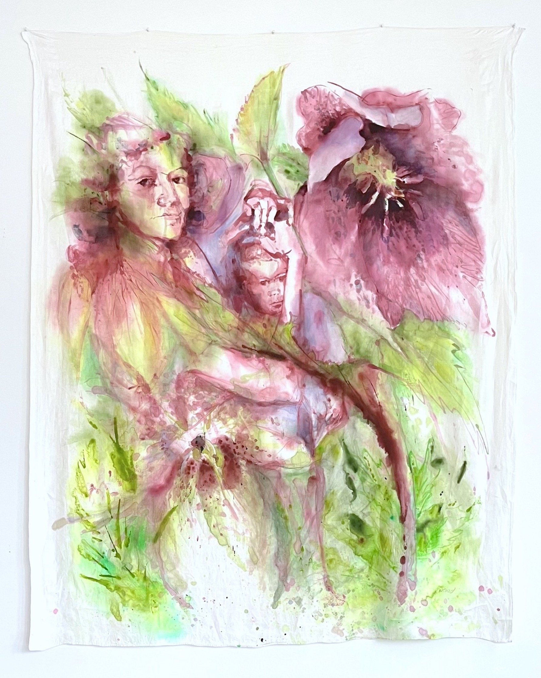    Hellebores are Shy and Shady  , 84” x 64”, acrylic ink on found tablecloth 