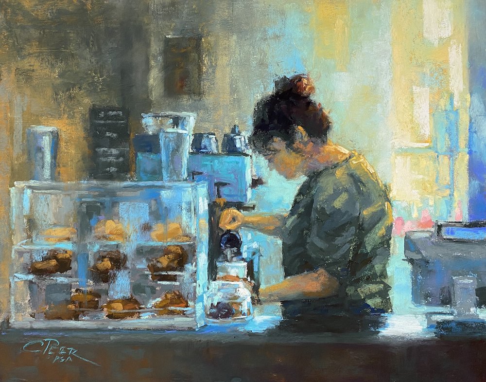    Morning Barista   ,  9" x 12", pastel on sanded paper 