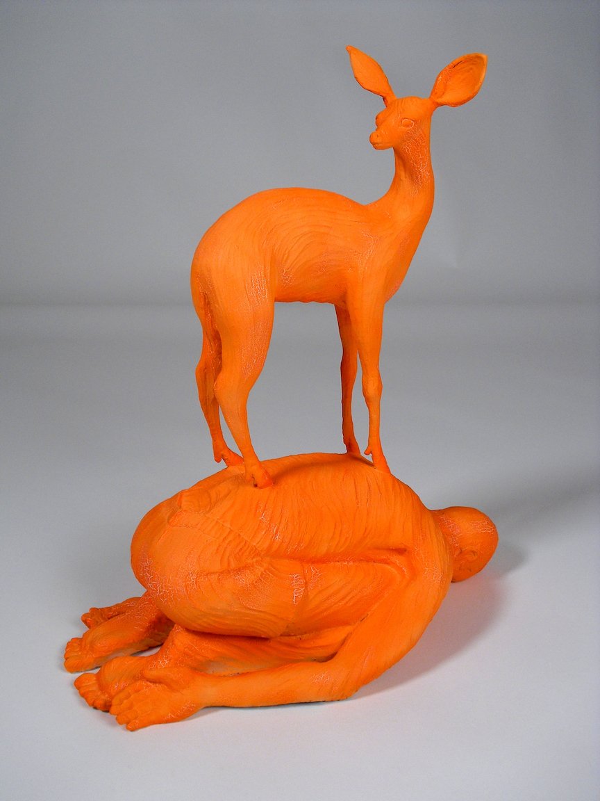    Balasana Deer  , 26” x 16” x 12”, cast aluminum and paint 