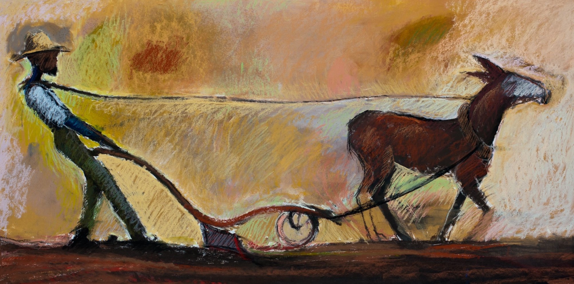    Get Behind the Mule in the Morning and Plow  , 20” x 39”, pastel 