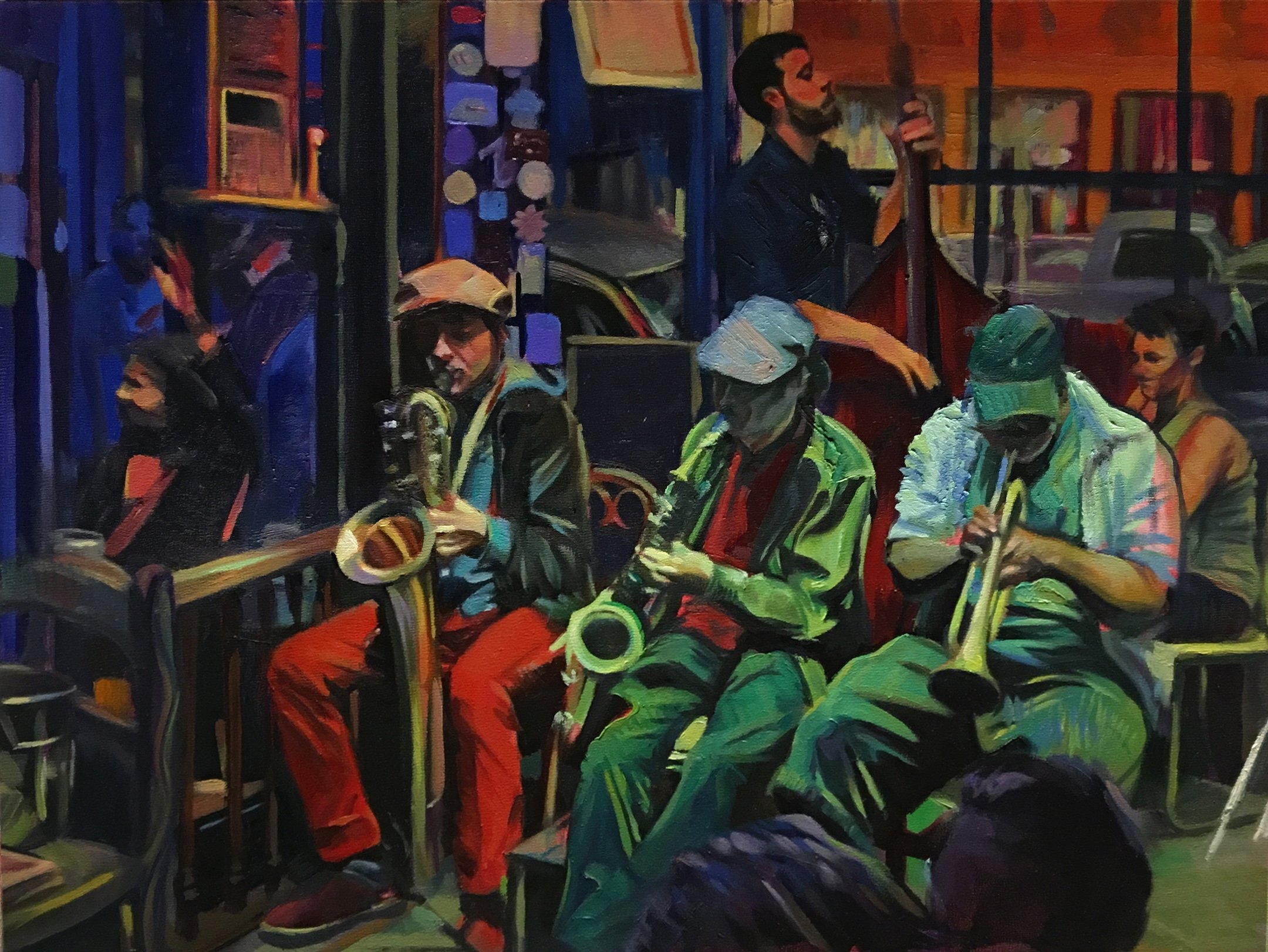    Flaming the Jazz Tradition  , 12” x 16”, oil on wood pane 