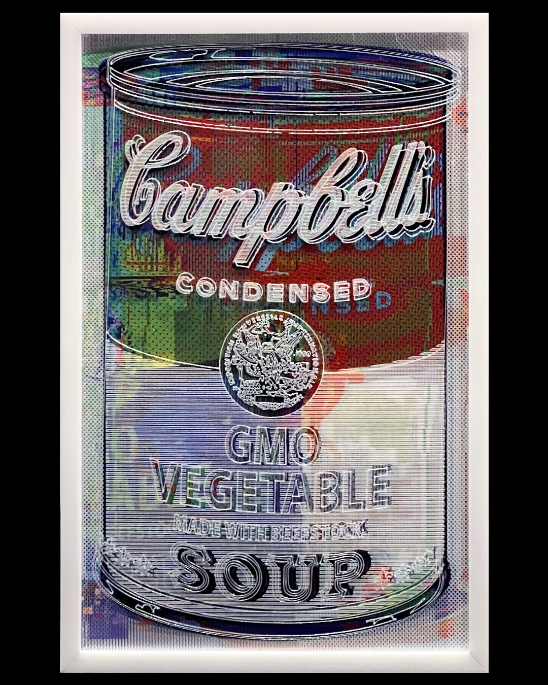    OMG-GMO  , 22” x 14”, sublimation print, printed transparency and etched plexiglass 