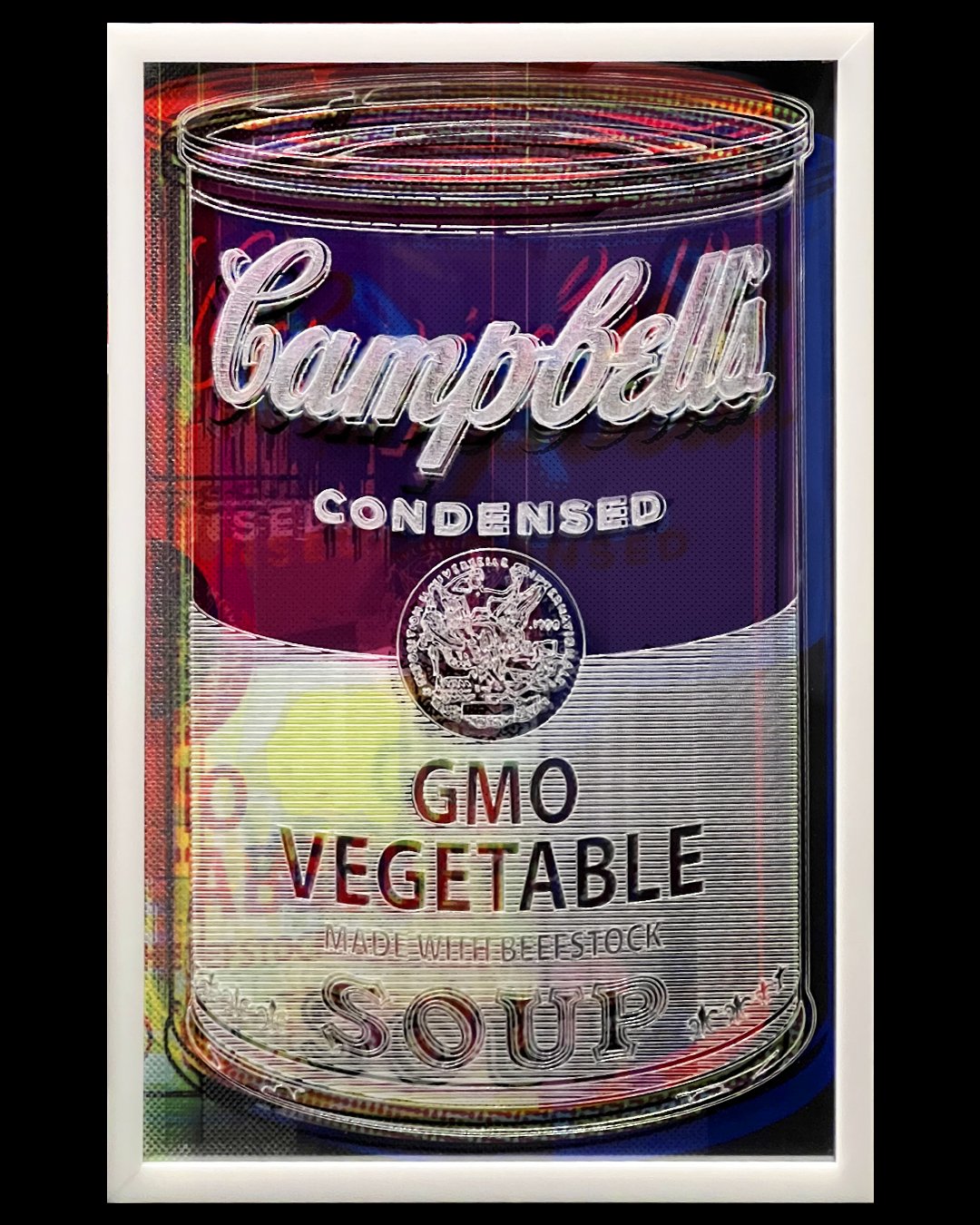    OMG-GMO  , 22” x 14”, sublimation print, printed transparency and etched plexiglass 