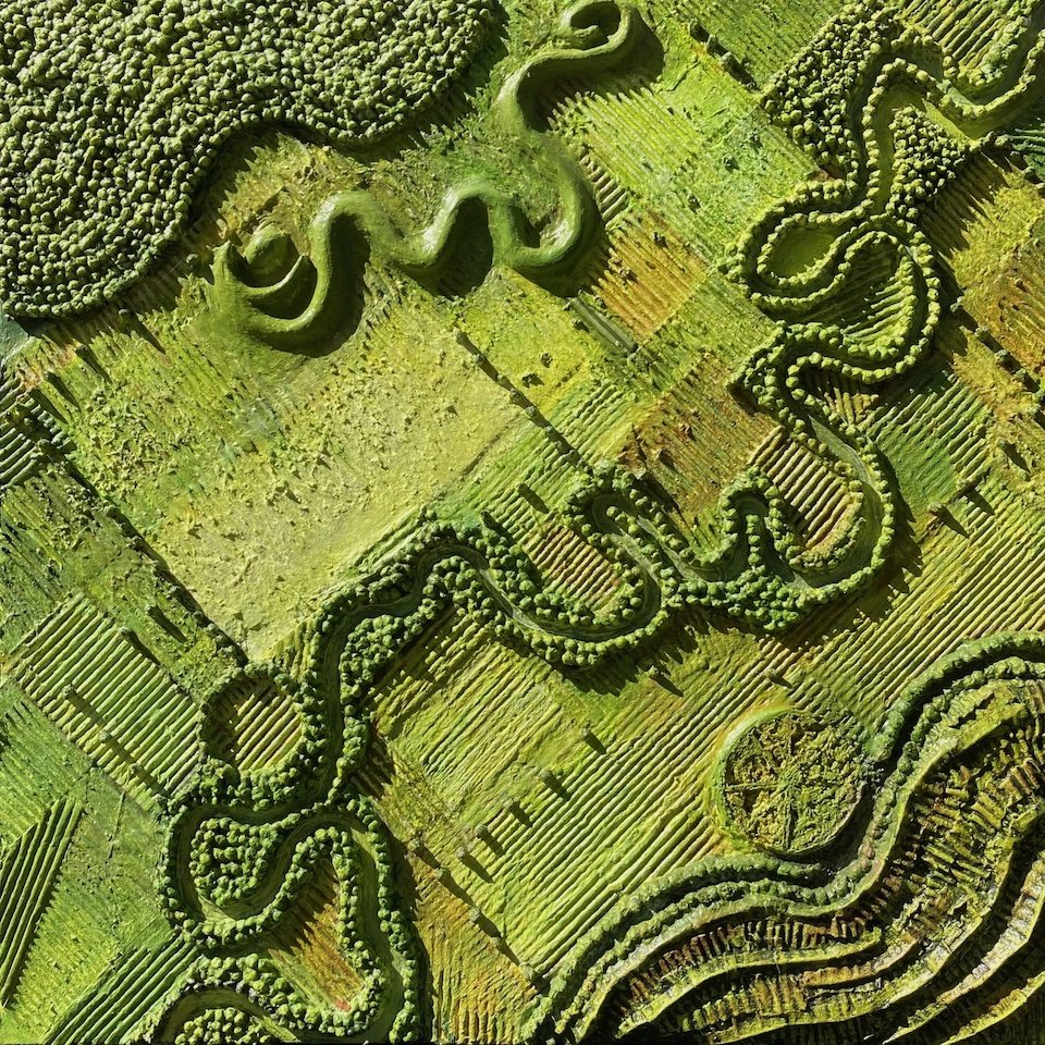    Serpent Mound  , 36” x 36”, mixed media construction on canvas, including epoxy clay, aluminum foil, recycled cardboard, acrylic paint 