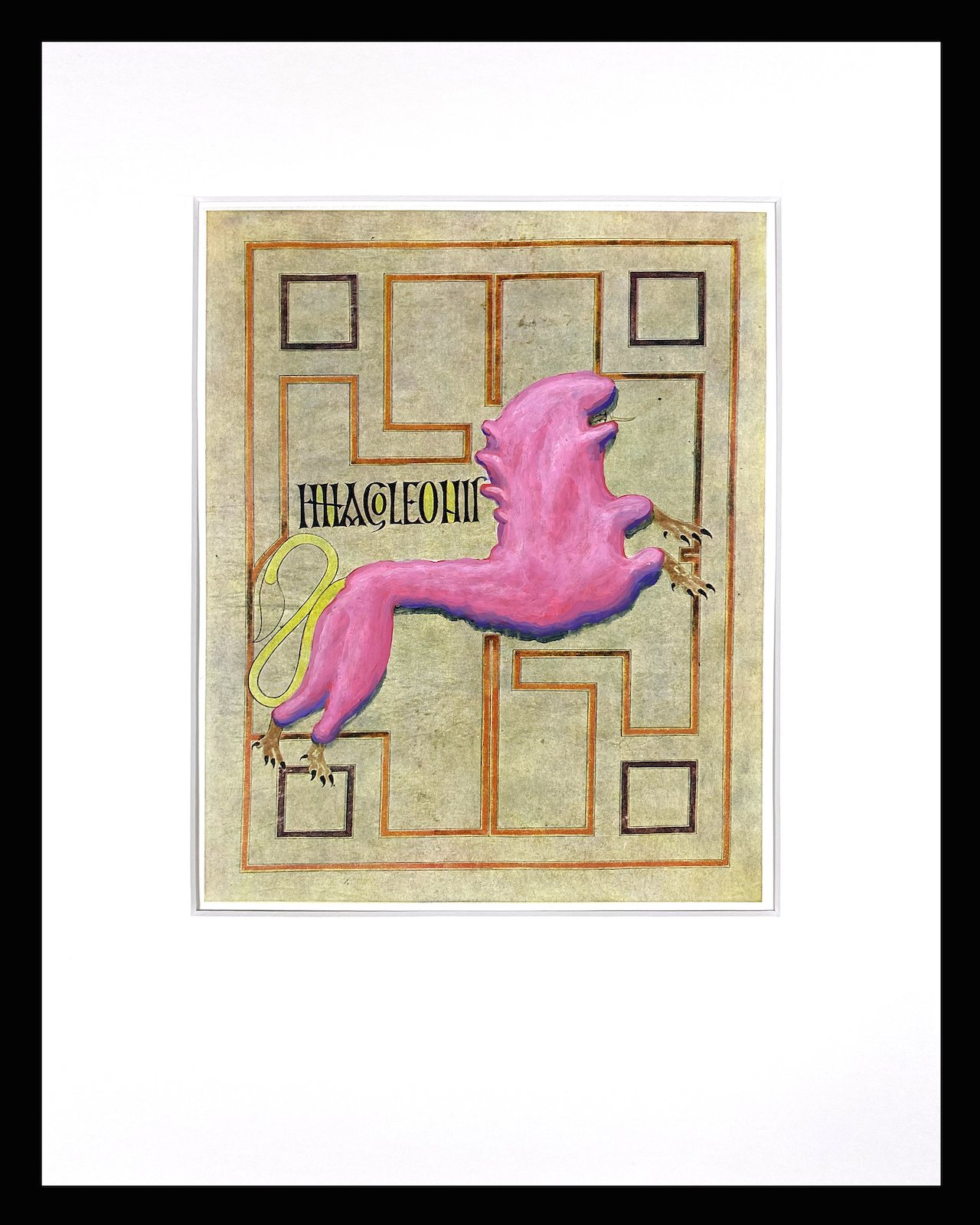    Bubble Gum on Symbol of St. Mark, from the Echternach Gospels (colorplate 18) – Part 2: Chapter 3. Romanesque Art,   acrylic, watercolor, ink on textbook paper. framed: 15” x 12” 