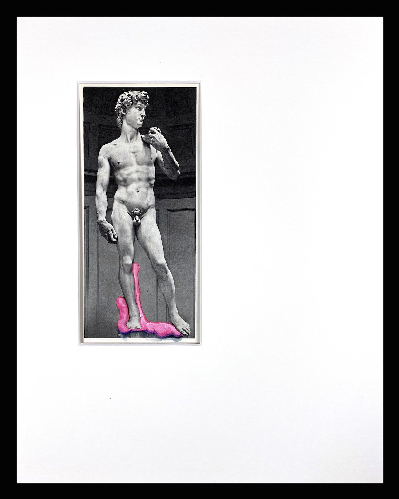    Bubble Gum on Michelangelo “David” (figure 534) – Part 3: Chapter 3. The High Renaissance in Italy ,  acrylic, watercolor, ink on textbook paper, framed: 15” x 12” 