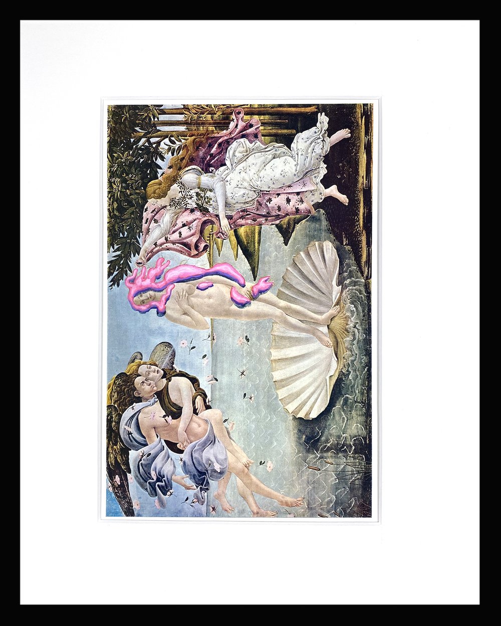    Bubble Gum on Botticelli “The Birth of Venus” (colorplate 37) – Part 3: Chapter 2. The Early Renaissance in Italy ,  acrylic, watercolor, ink on textbook paper, framed: 15” x 12” 