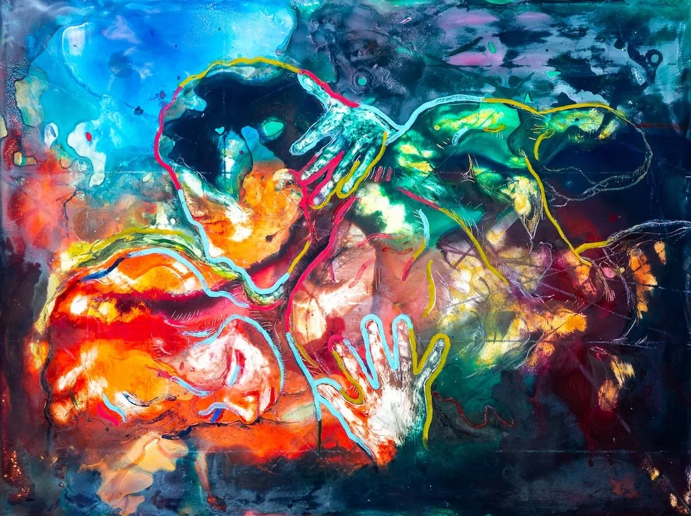    Seas Between  , 9” x 12”, acrylic, alcohol ink, wax pastel on aluminum  