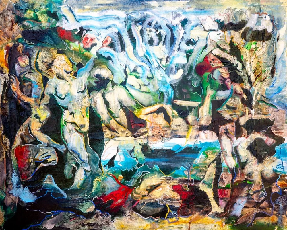    Thanatography  , 24” x 30”, acrylic molding paste, oil on panel 