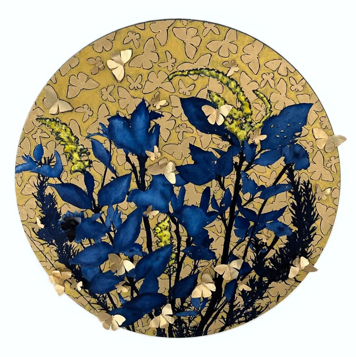    Golden Joy &amp; the Wish Granter II  , cyanotype, acrylic, paper, watercolor on fabric mounted on board, 24” x 24” 