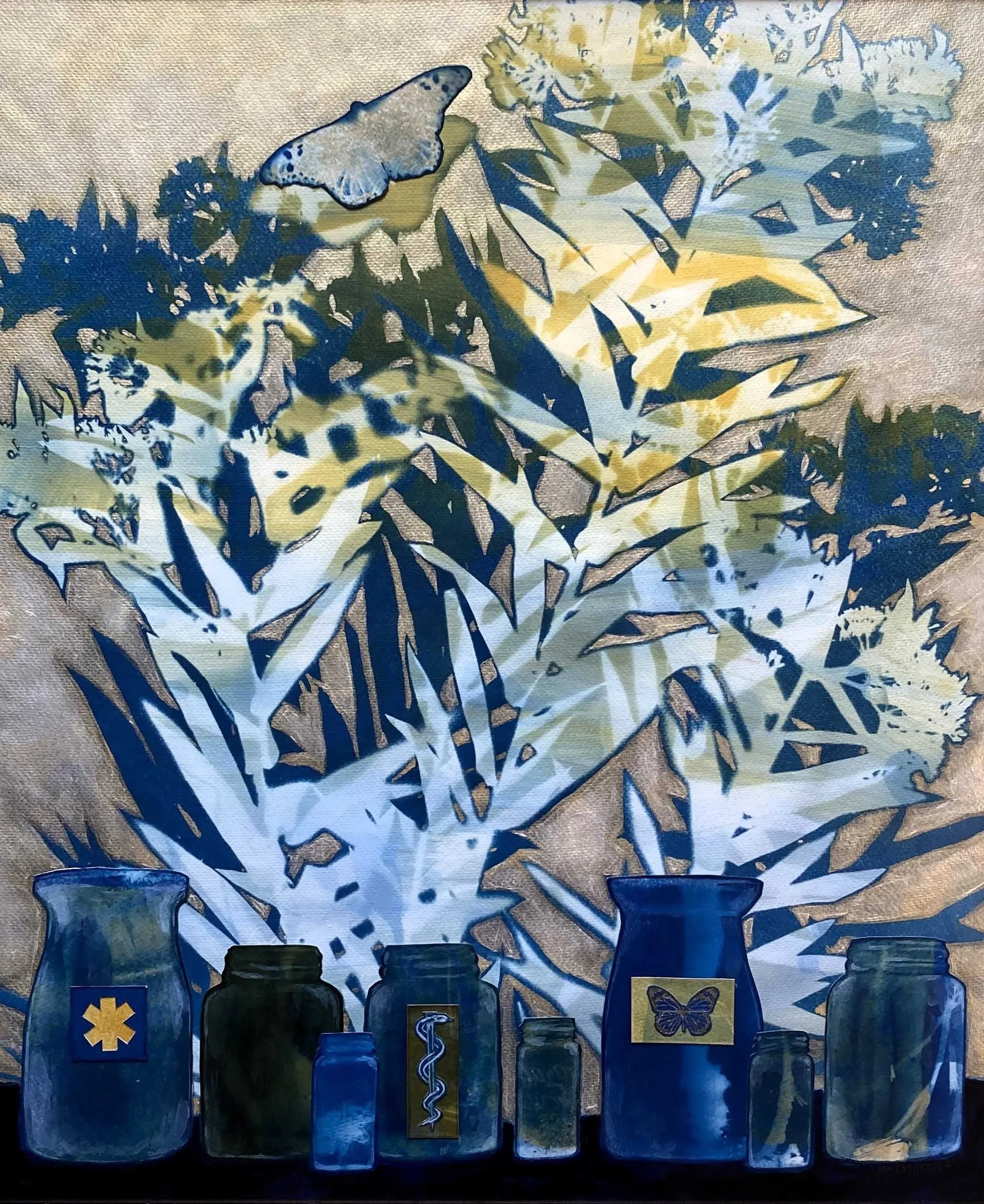    Medical Gold  , cyanotype, watercolor, acrylic on paper, 24” x 20” 