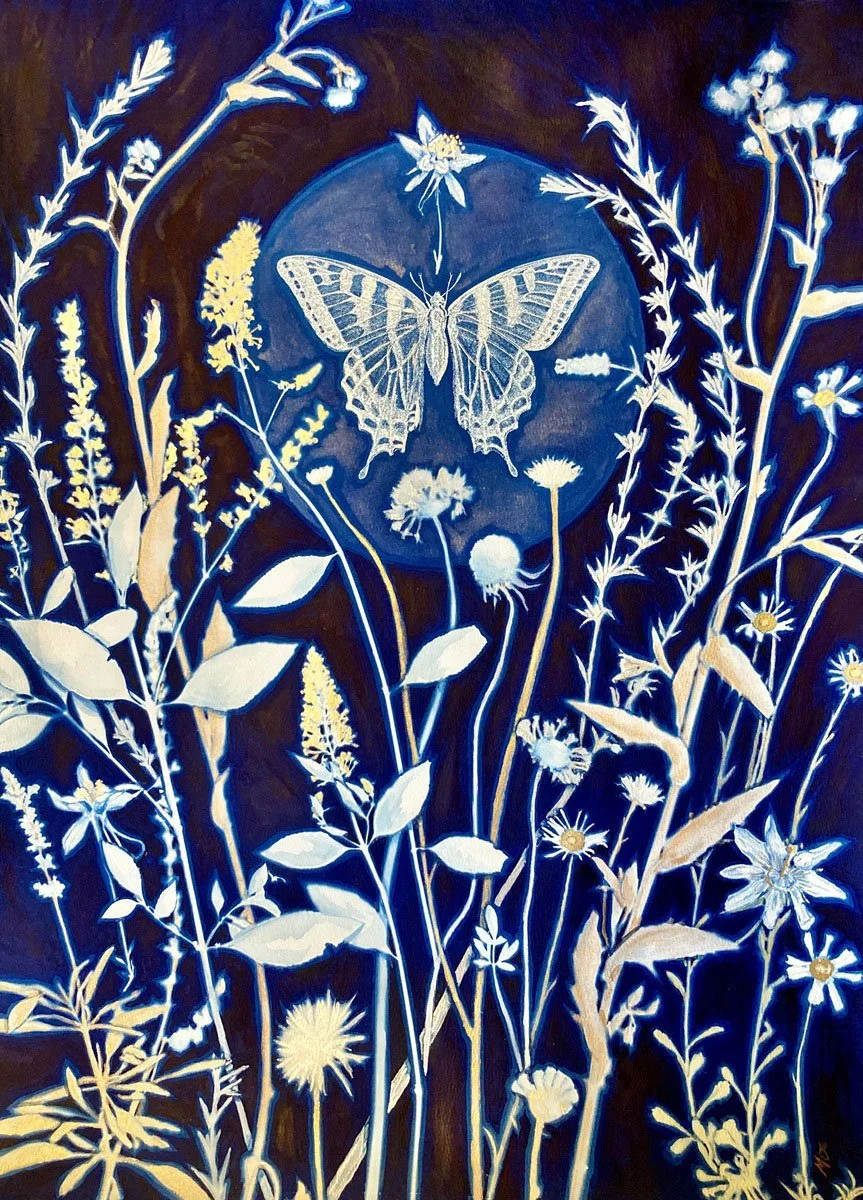    The Pause  , cyanotype, watercolor, acrylic on paper, 24” x 18'“ 