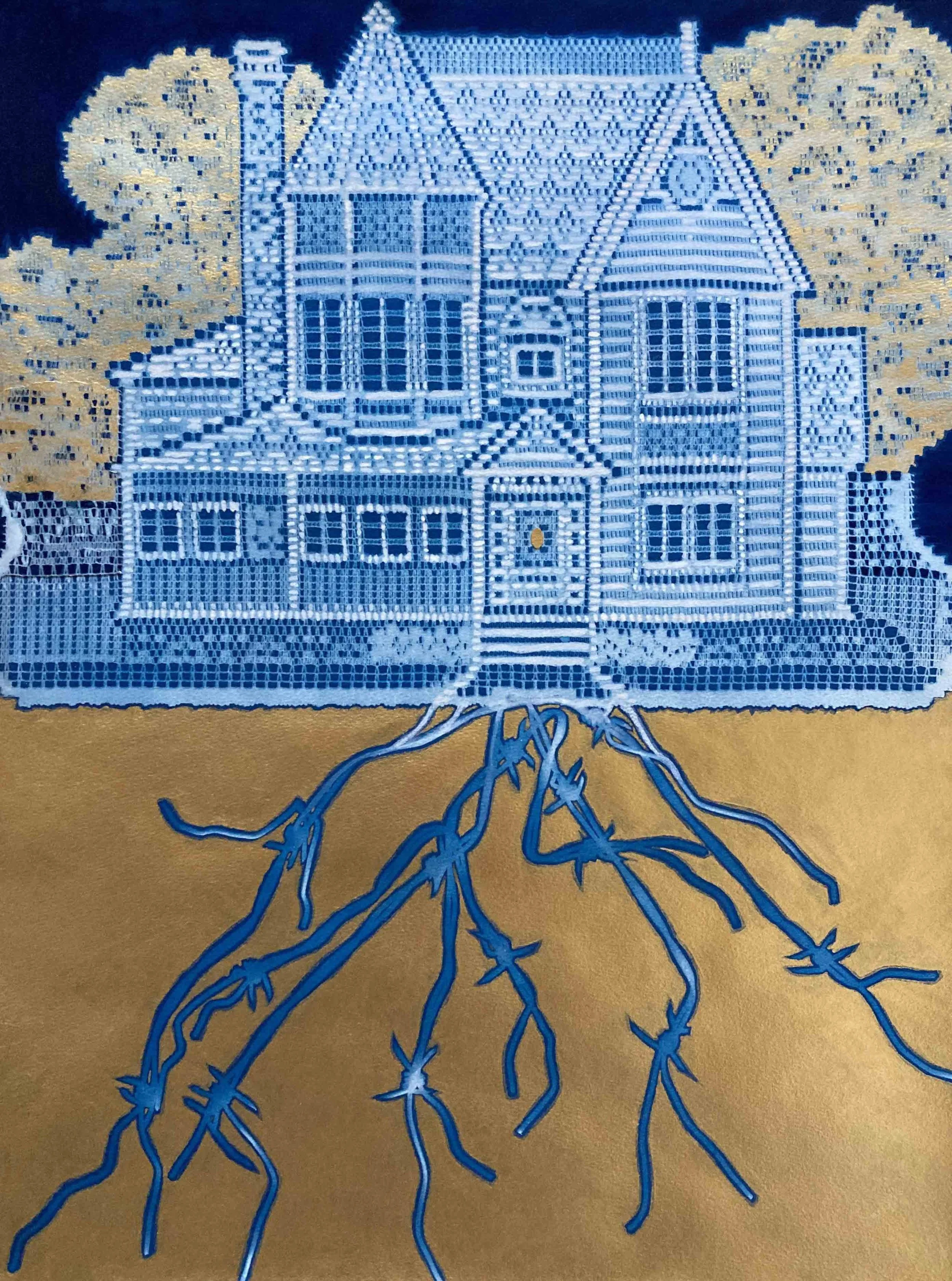 Putting Down Roots , cyanotype, watercolor, acrylic on paper, 24” x 18”