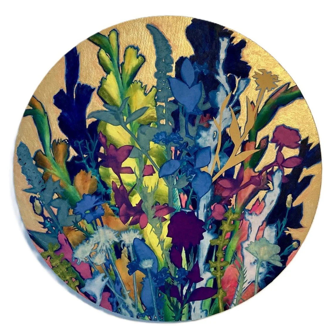    A Wee Bit Eccentric  , cyanotype on repurposed fabrics, watercolor, acrylic mounted on wood, 17.5” x 17.5” 