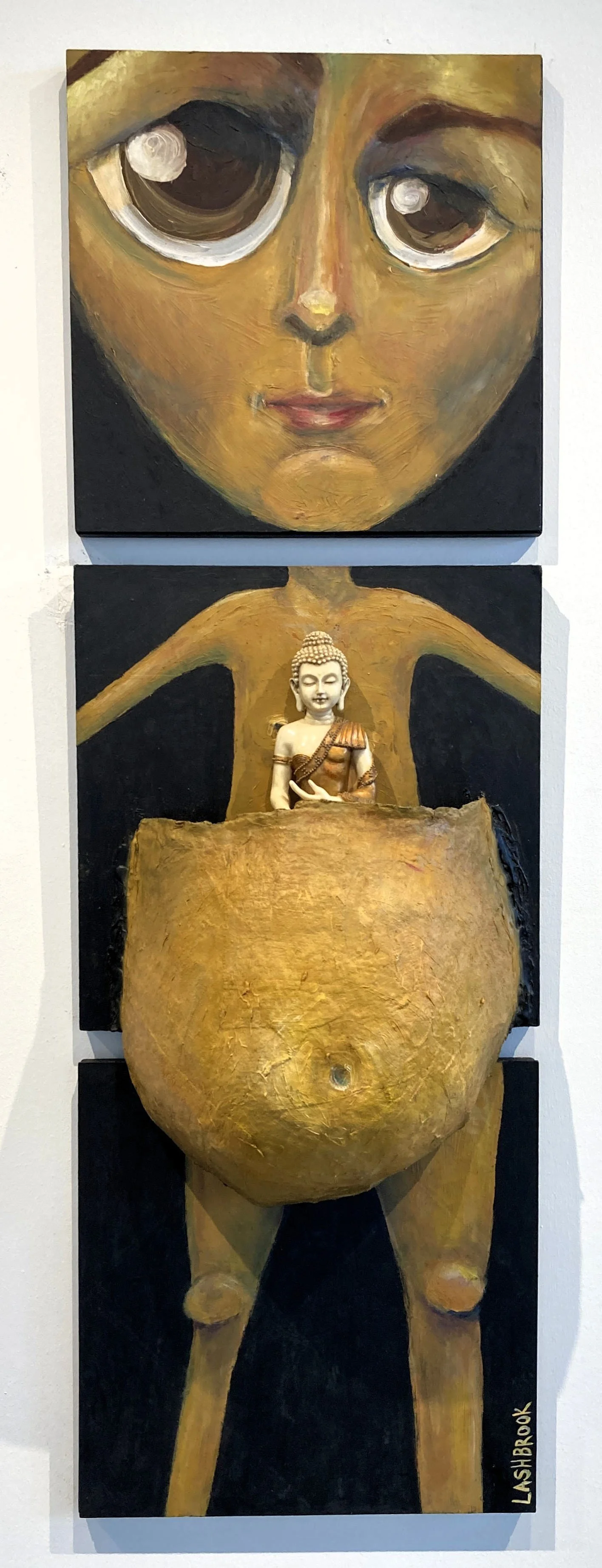 Buddha Belly , plaster, gauze, found object, oil paint on board, 51” x 16” x 8”