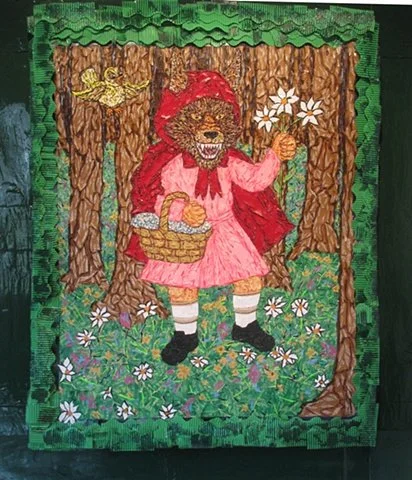 Red Hood , 4’ x 3’, mixed media on wood