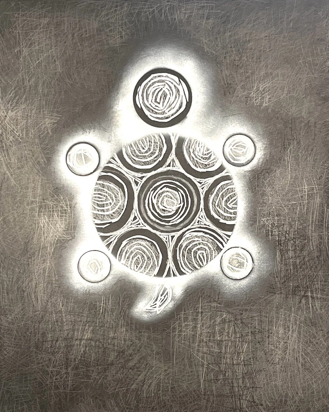 White Turtle , 40” x 32”, oil pastel and pencil on black drawing board