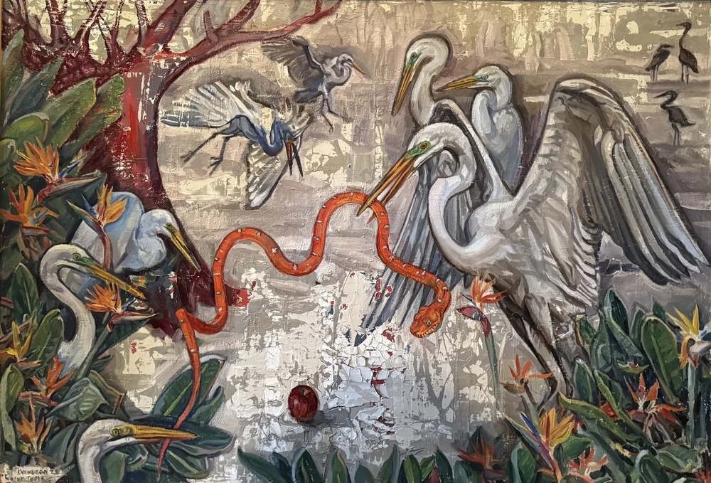    Egrets and Snake  , 60” x 70”, oil on canvas 