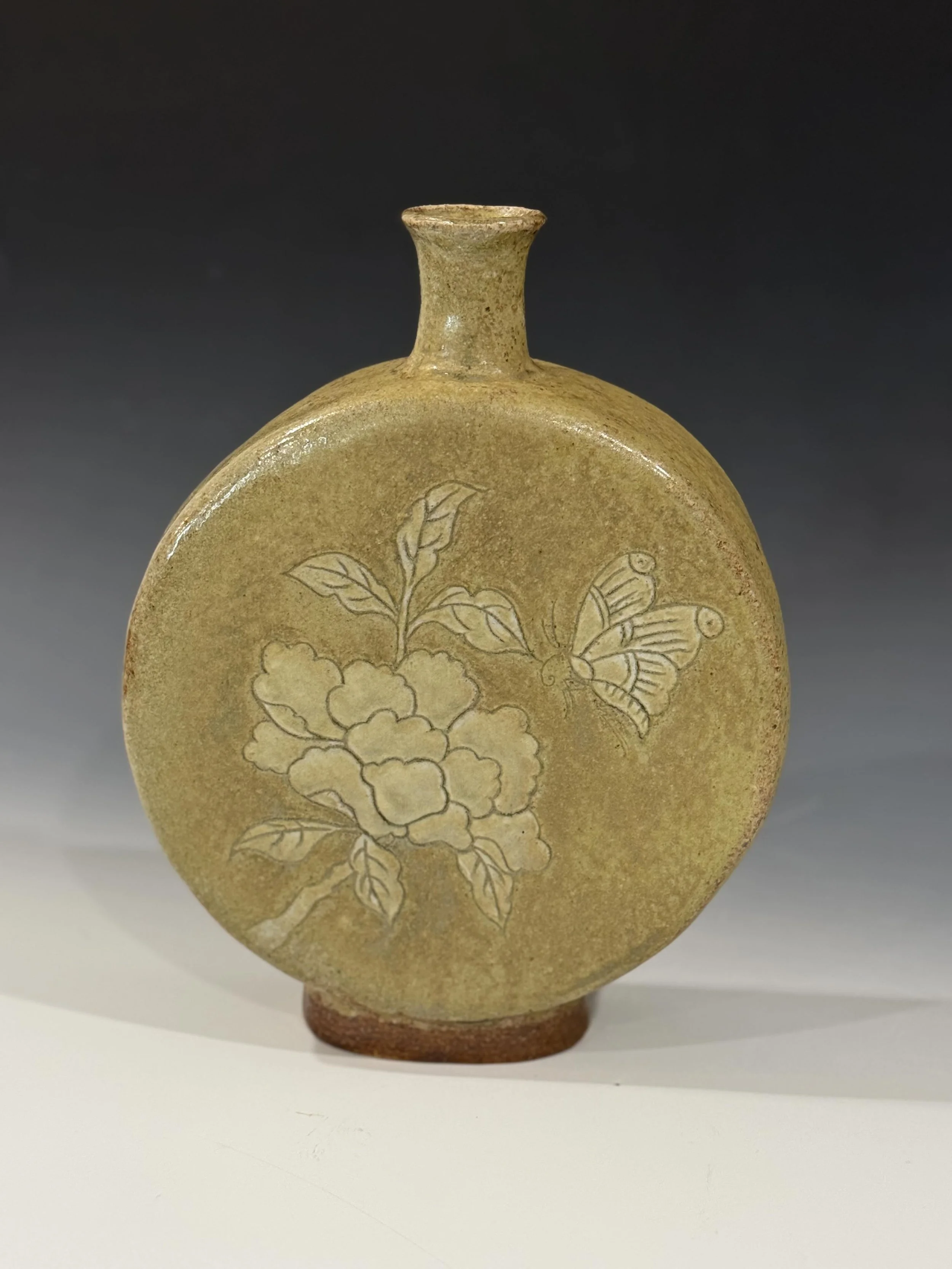    Yellow Korean Flat Flask  , stoneware, 9.5” x 8” x 2.5”&nbsp; 