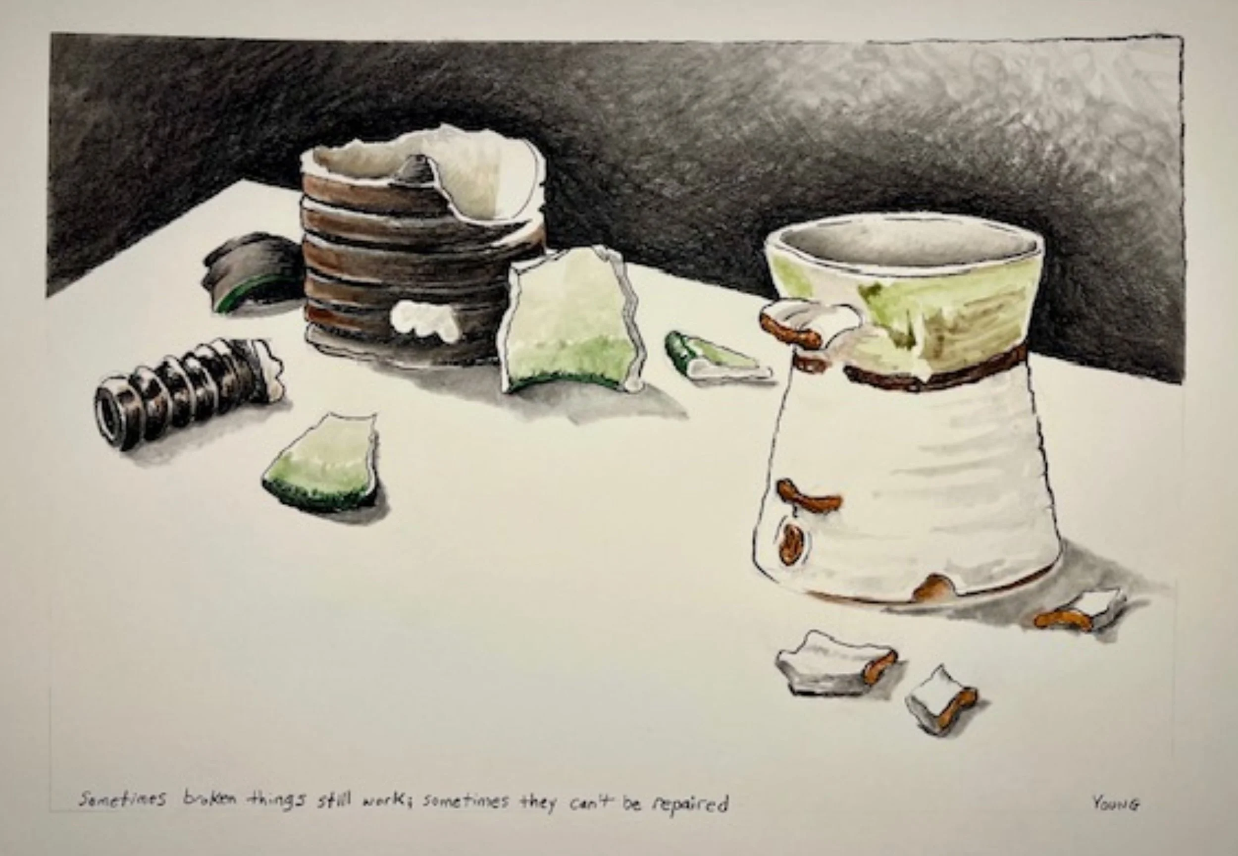    Sometimes Broken Things Still Work  , charcoal and pastel on paper, 18” x 24”&nbsp; 