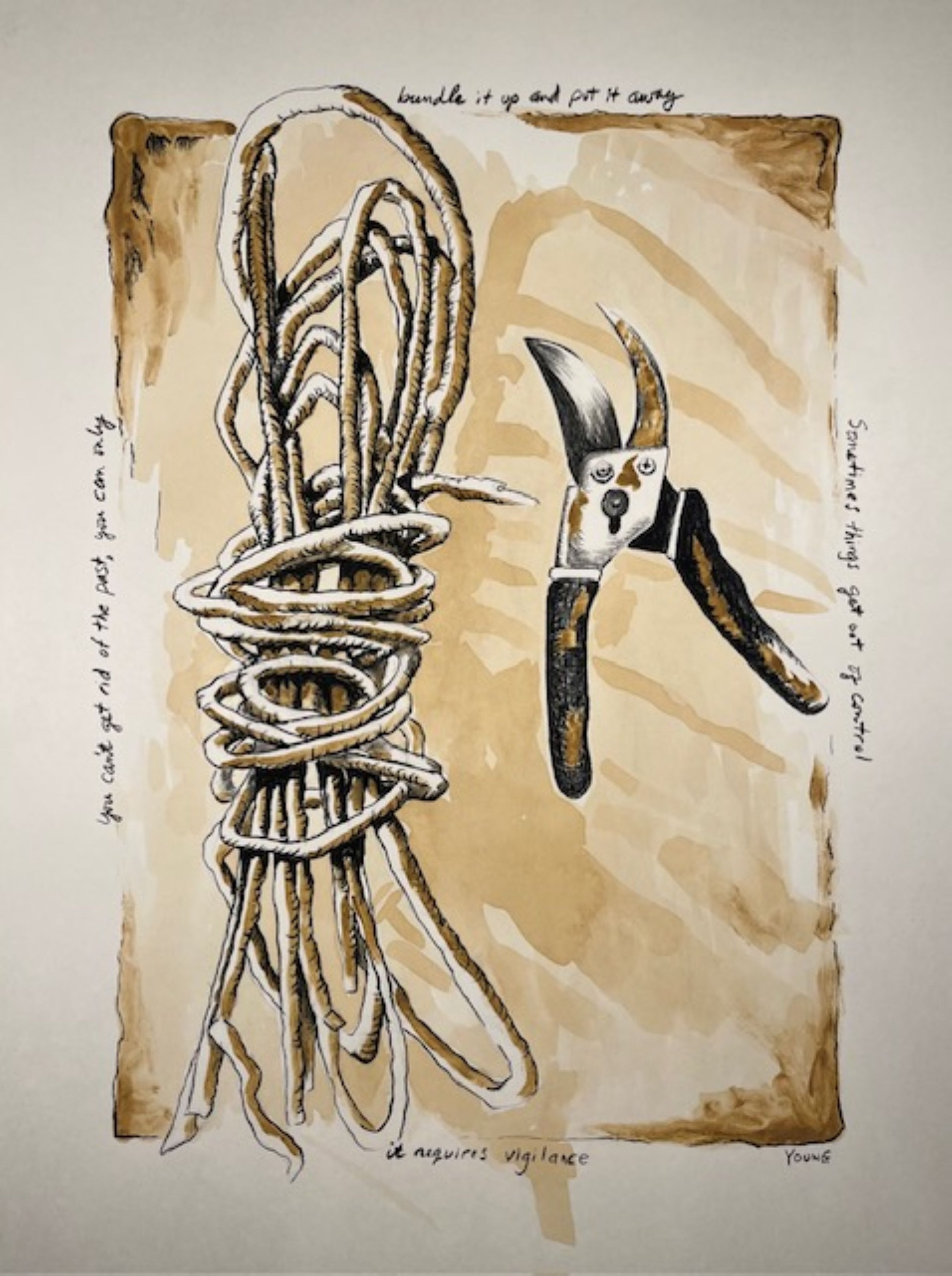    Unattended: It Requires Vigilance  , charcoal and Arkansas dirt on coffee-stained paper, 24” x 18”&nbsp; 