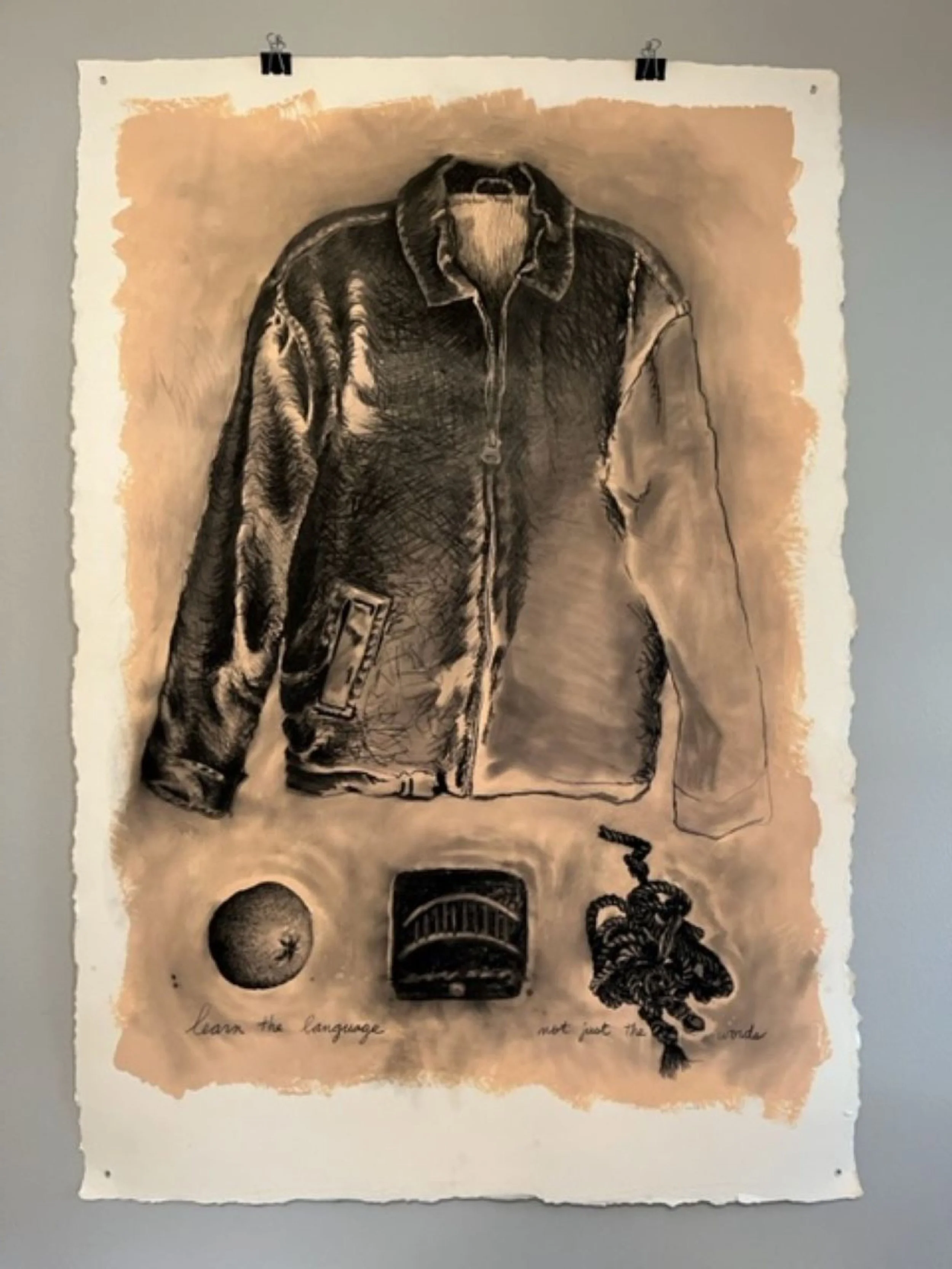    A Coat for Ms. Winterson  , latex house paint and charcoal on paper, 48” x 32” 