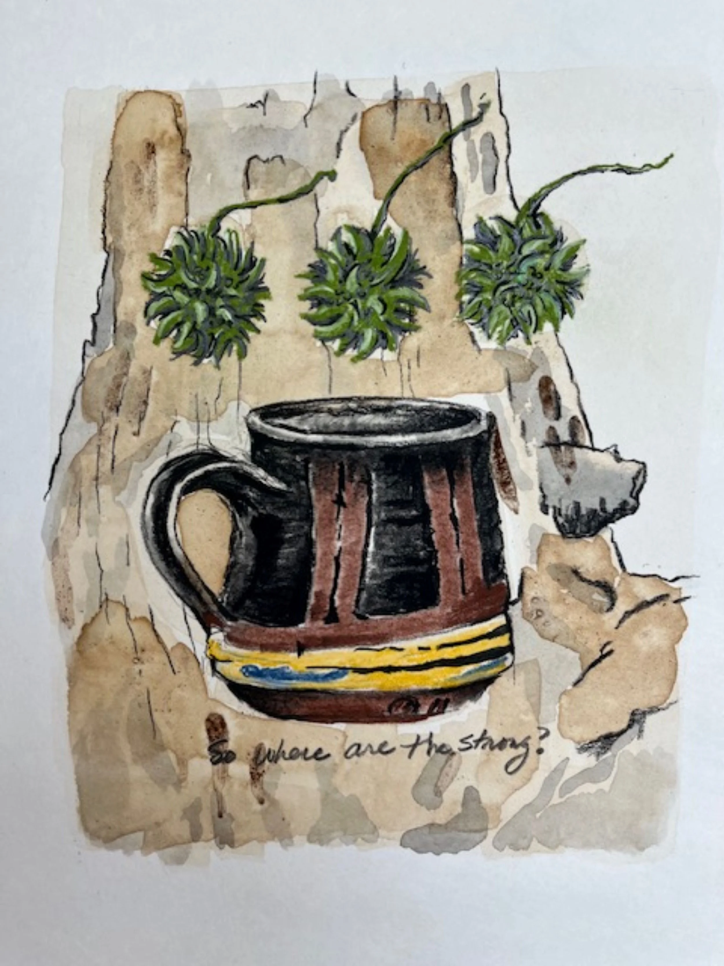    So Where Are The Strong  , charcoal and pastel on coffee-stained paper, 8” x 10” 